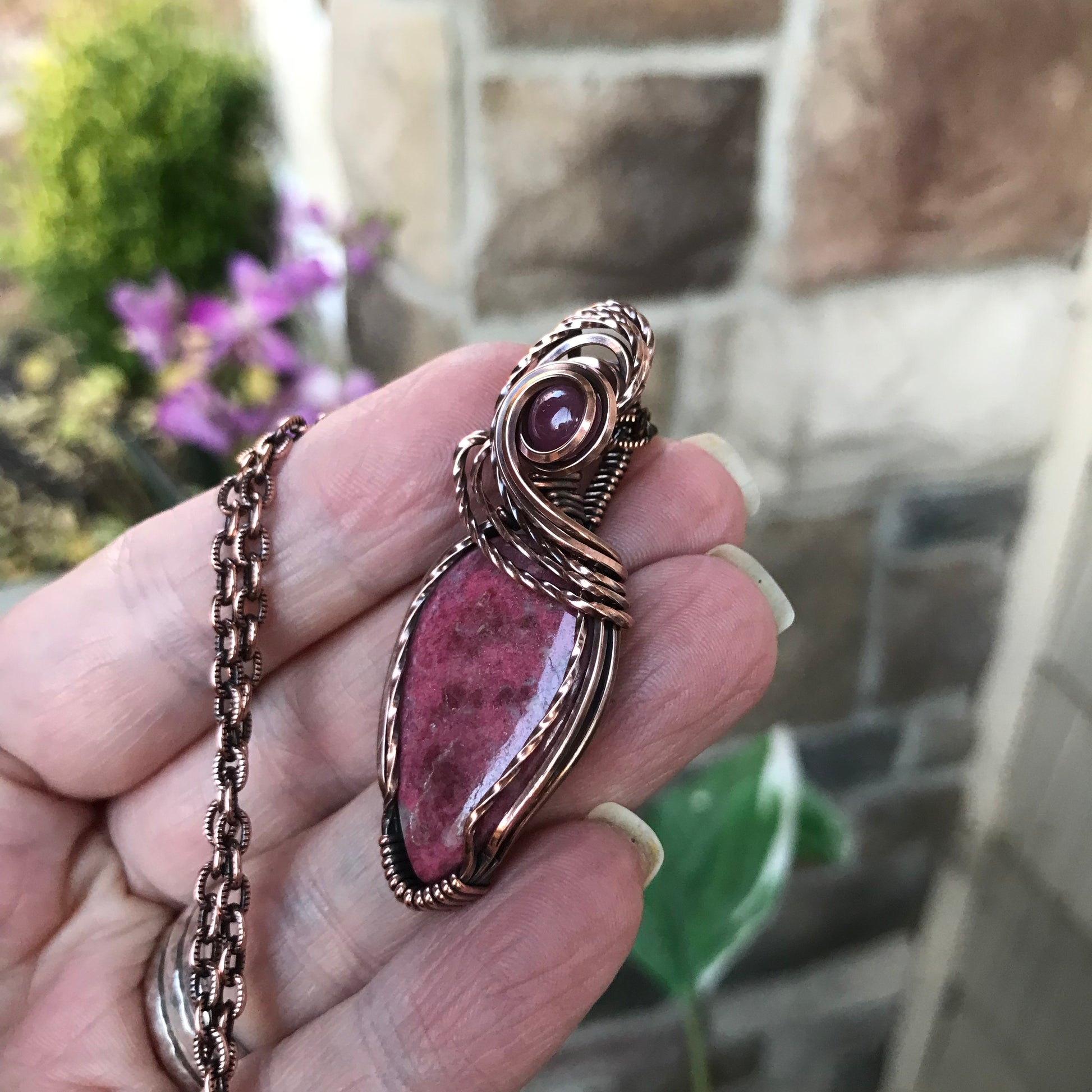 Pink Thulite & Ruby Swirly Copper Necklace