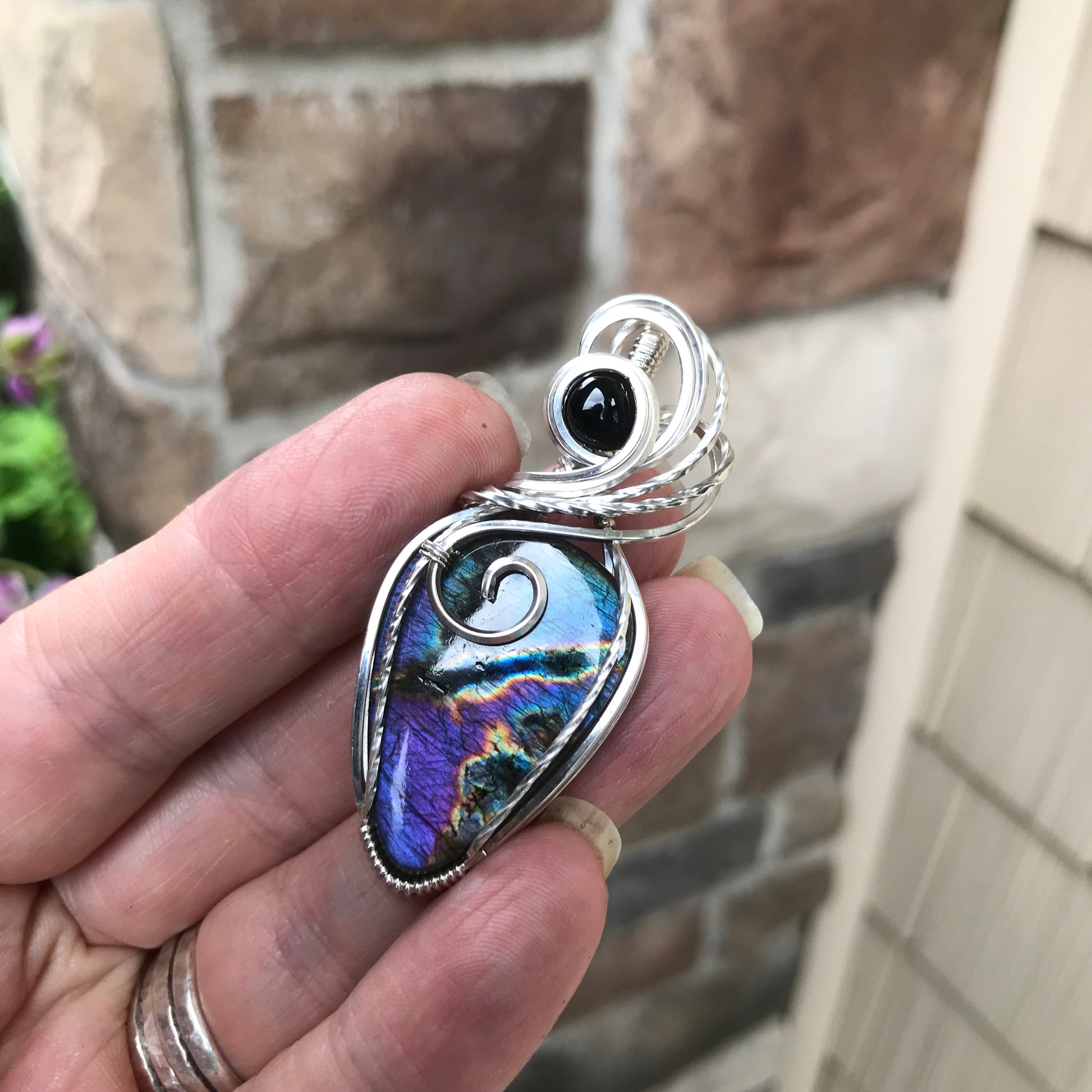RESERVED - Purple Labradorite & Black Onyx Silver Necklace