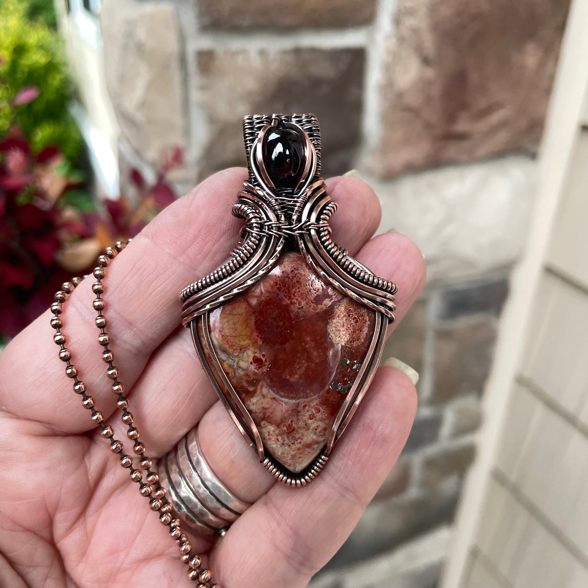 Wild Eye Jasper & Garnet Copper Pendant with Weaving