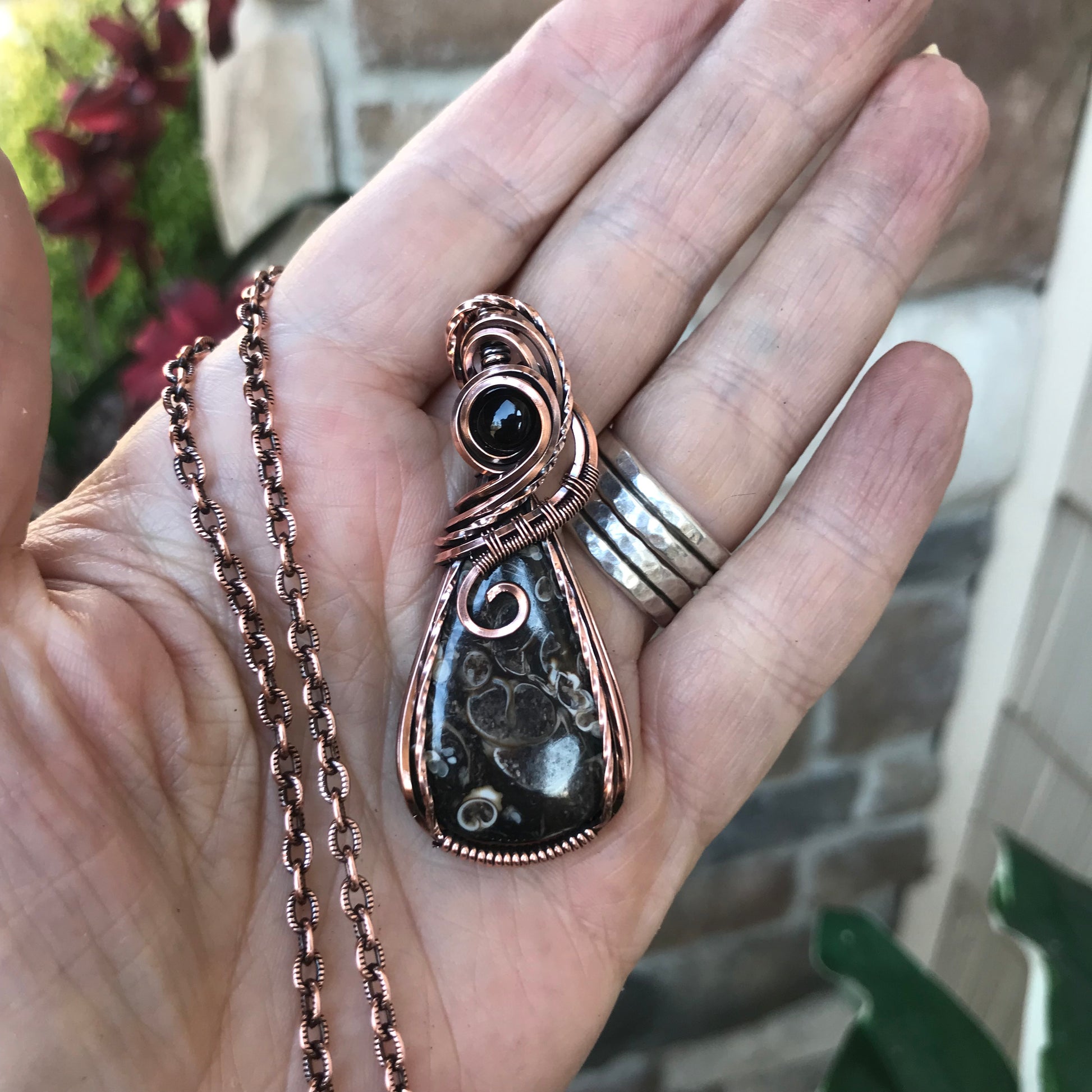 Turritella Fossil Agate & Smoky Quartz Copper Pendant