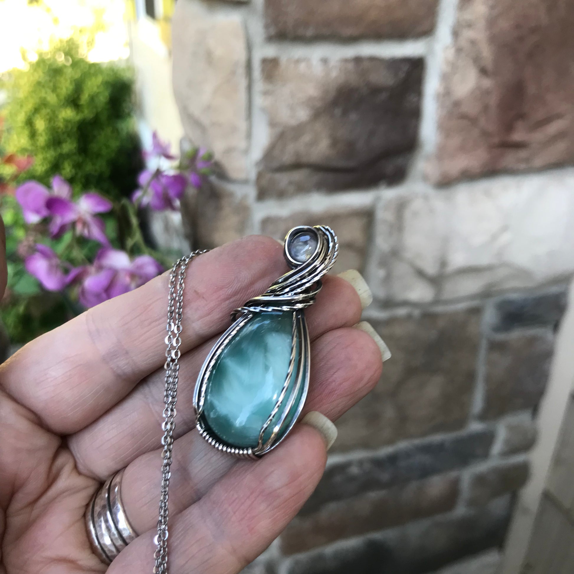 Blue Hemimorphite & Moonstone Silver Pendant