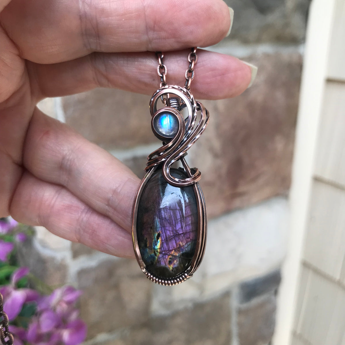 Purple Labradorite & Moonstone Oval Copper Pendant