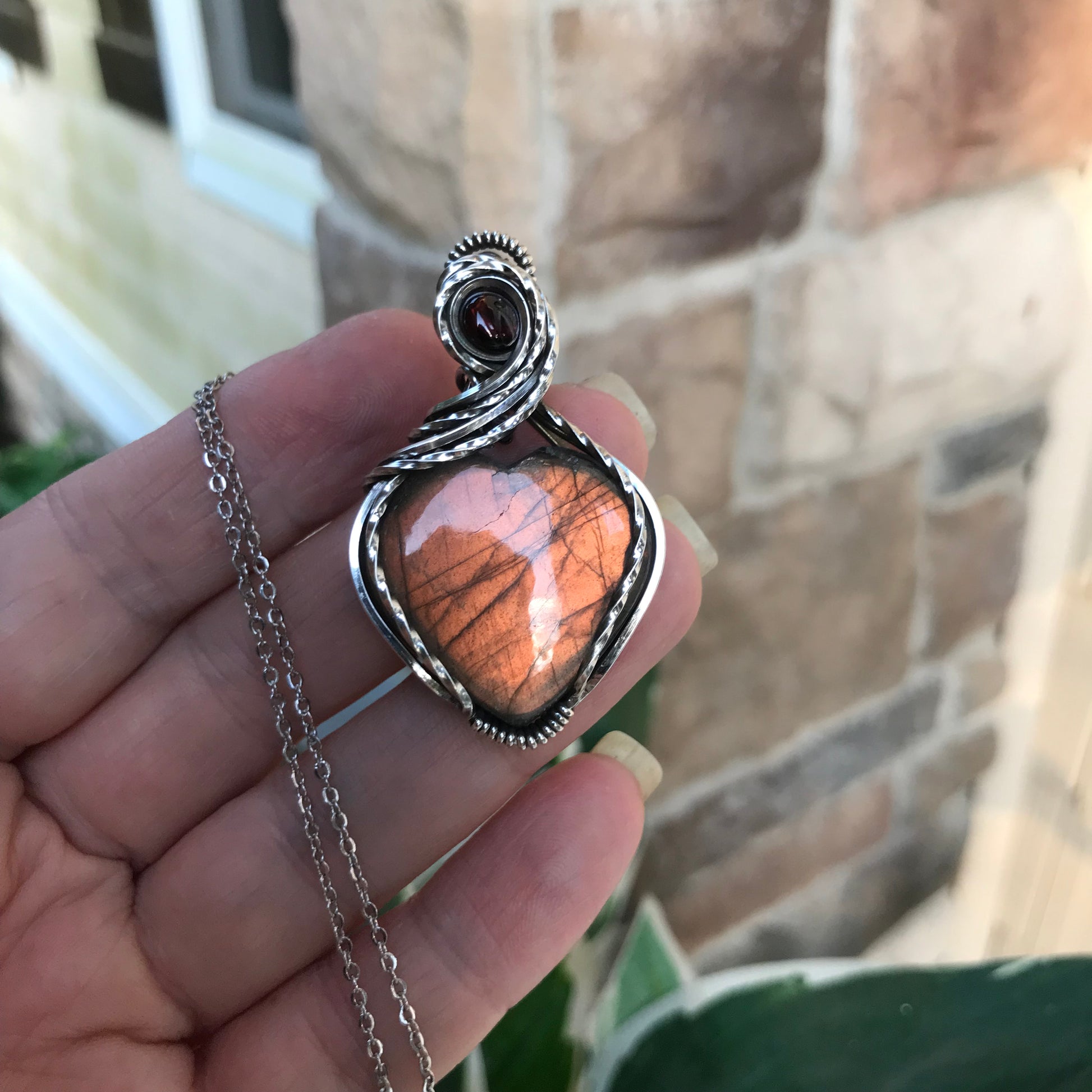 RESERVED FOR T. - Golden Amber Labradorite & Garnet Silver Pendant