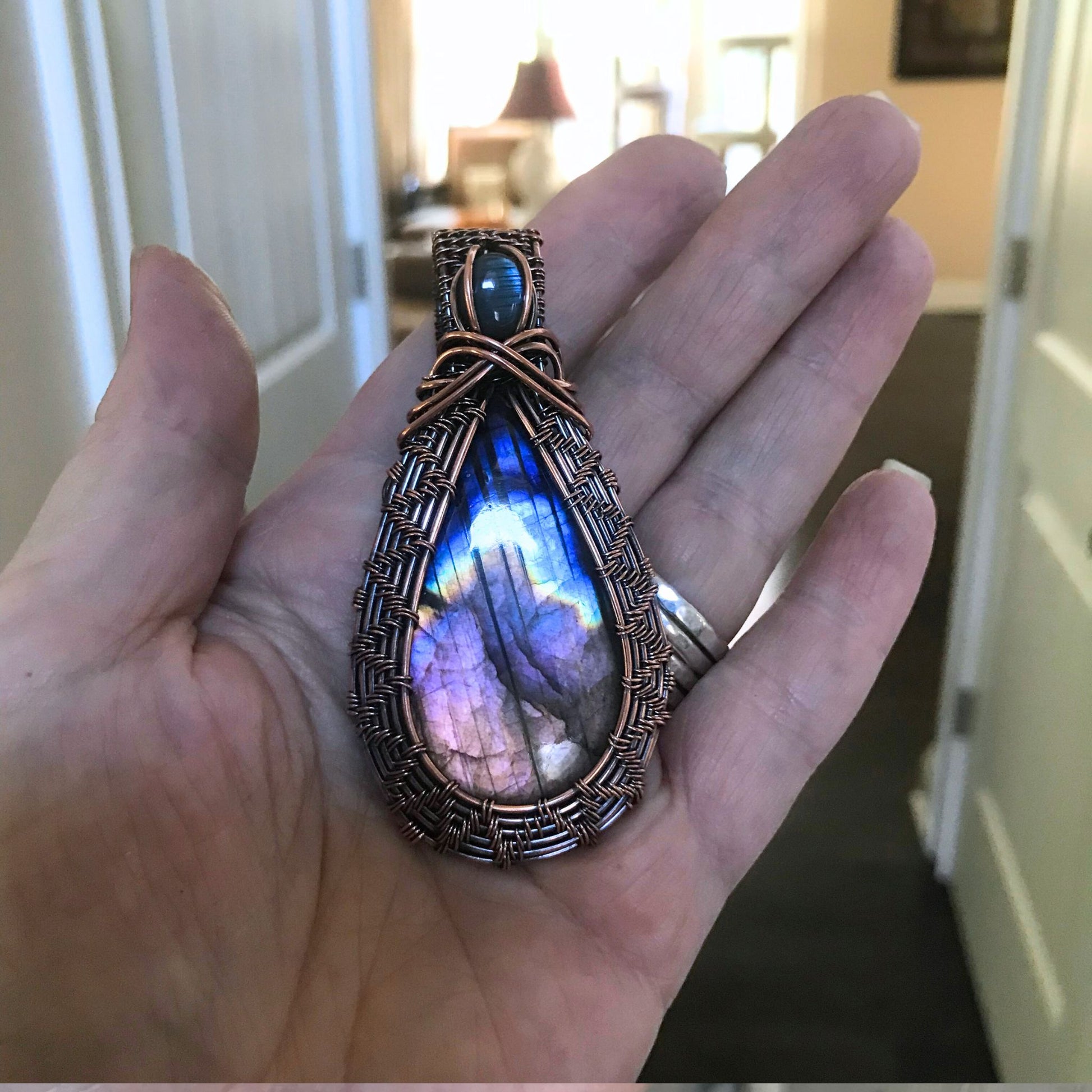 Amber Blue Labradorite Woven Copper Necklace