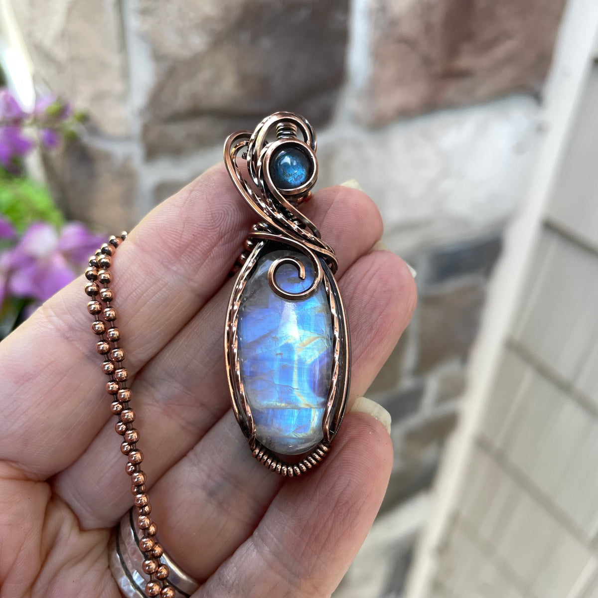 Moonstone & Blue Labradorite Swirly Copper Pendant