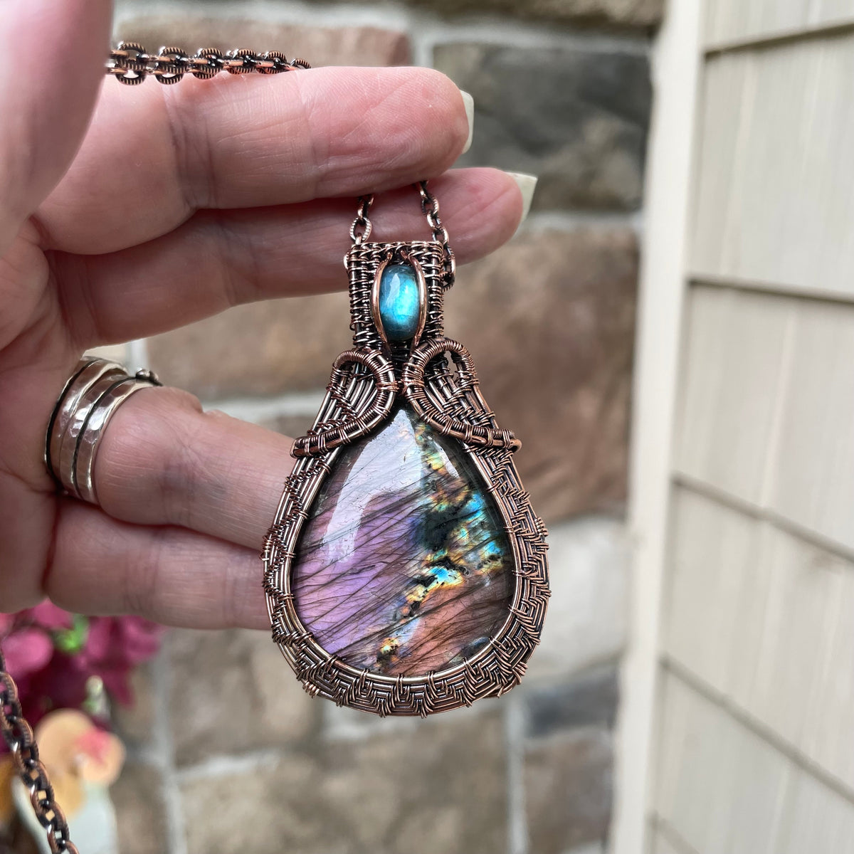 Purple Blue Labradorite  Copper Woven Pendant