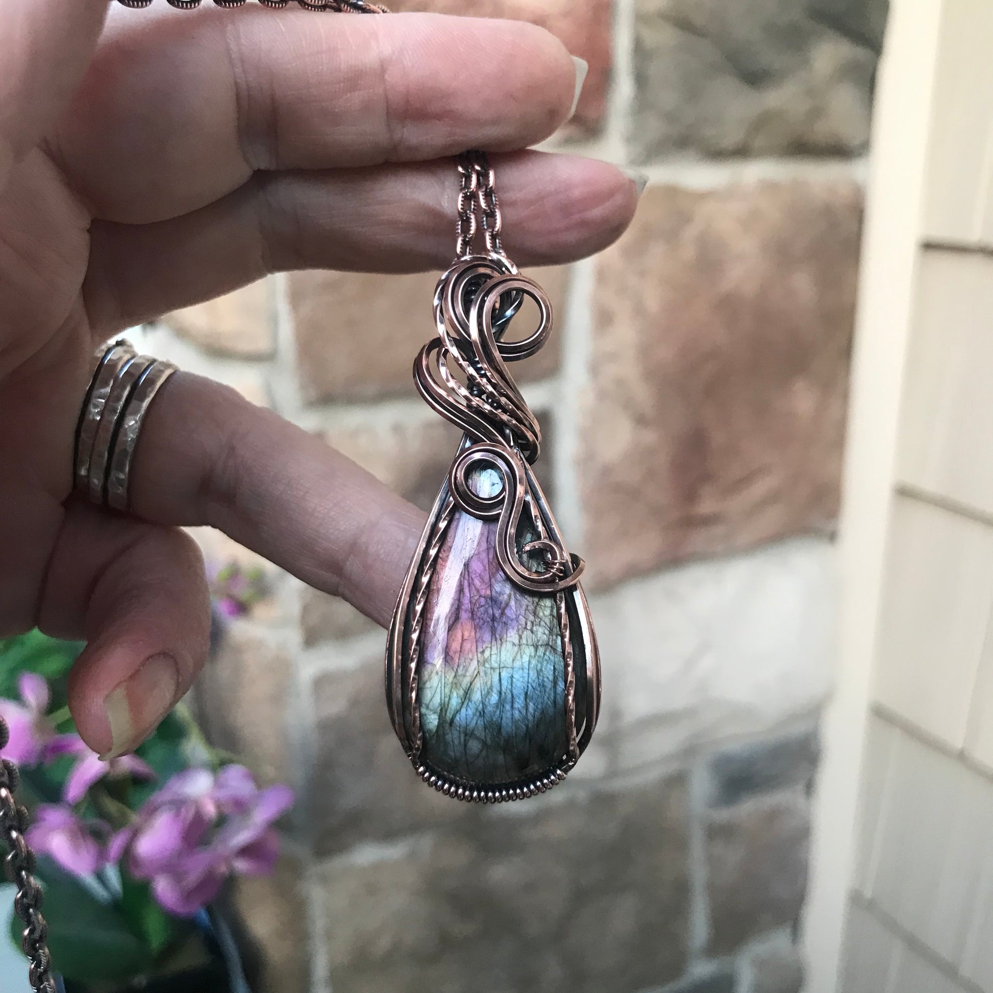 Green & Purple Labradorite Copper Pendant