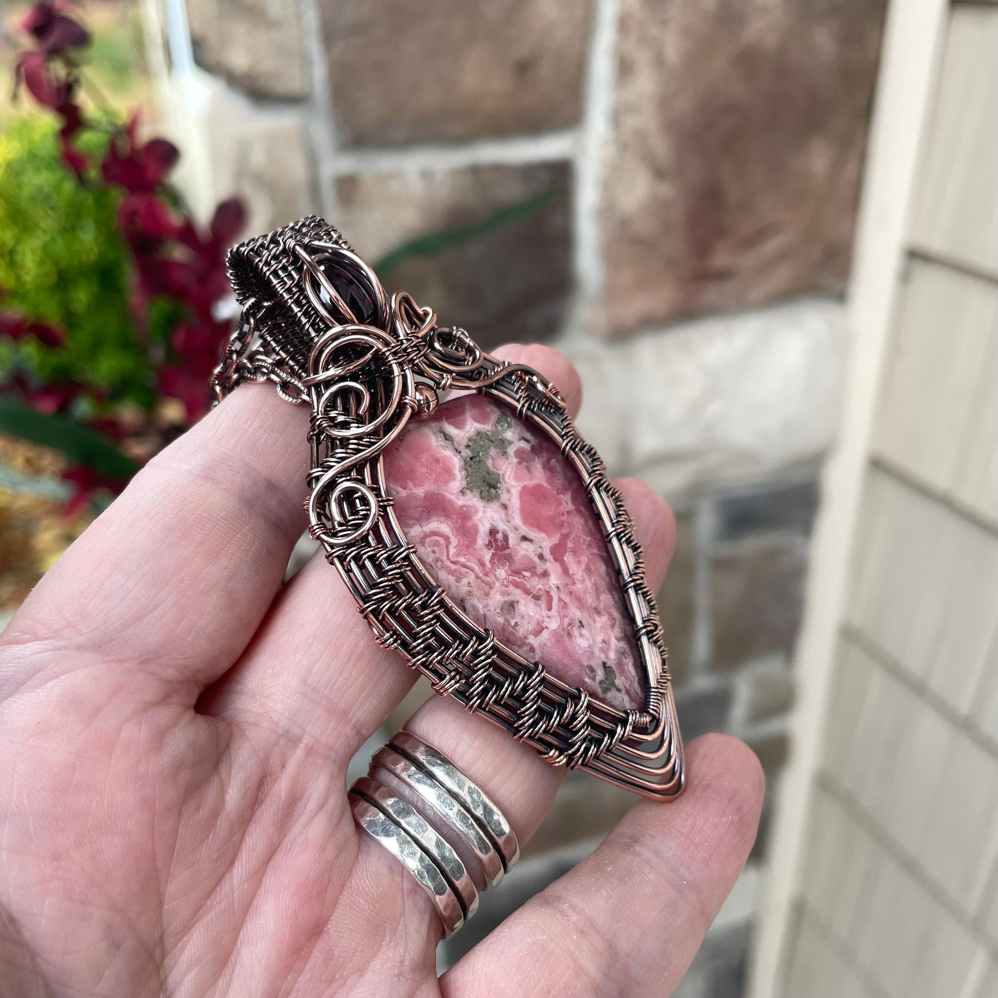 Rhodochrosite & Garnet Woven Copper Pendant