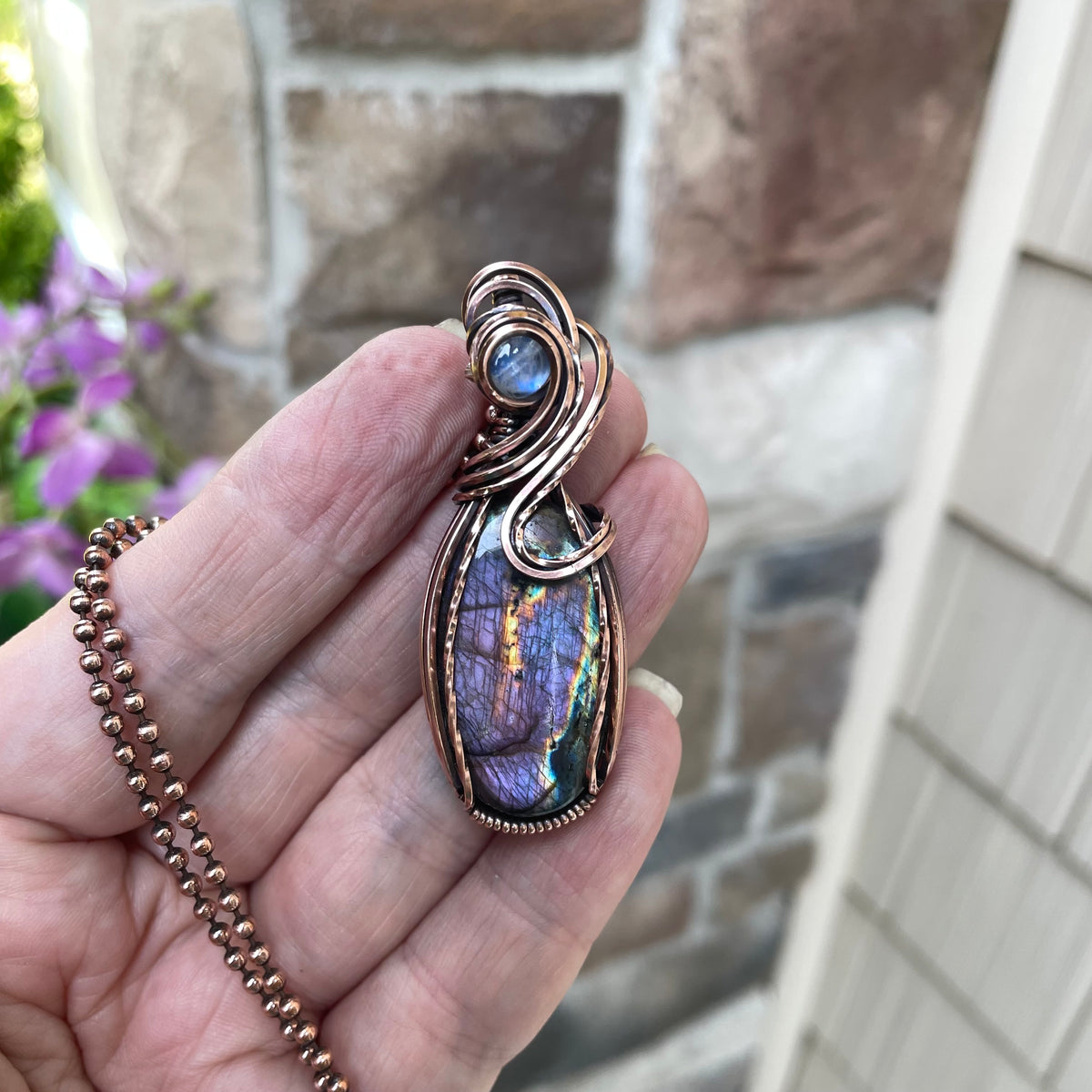 Purple Labradorite & Moonstone Oval Copper Pendant