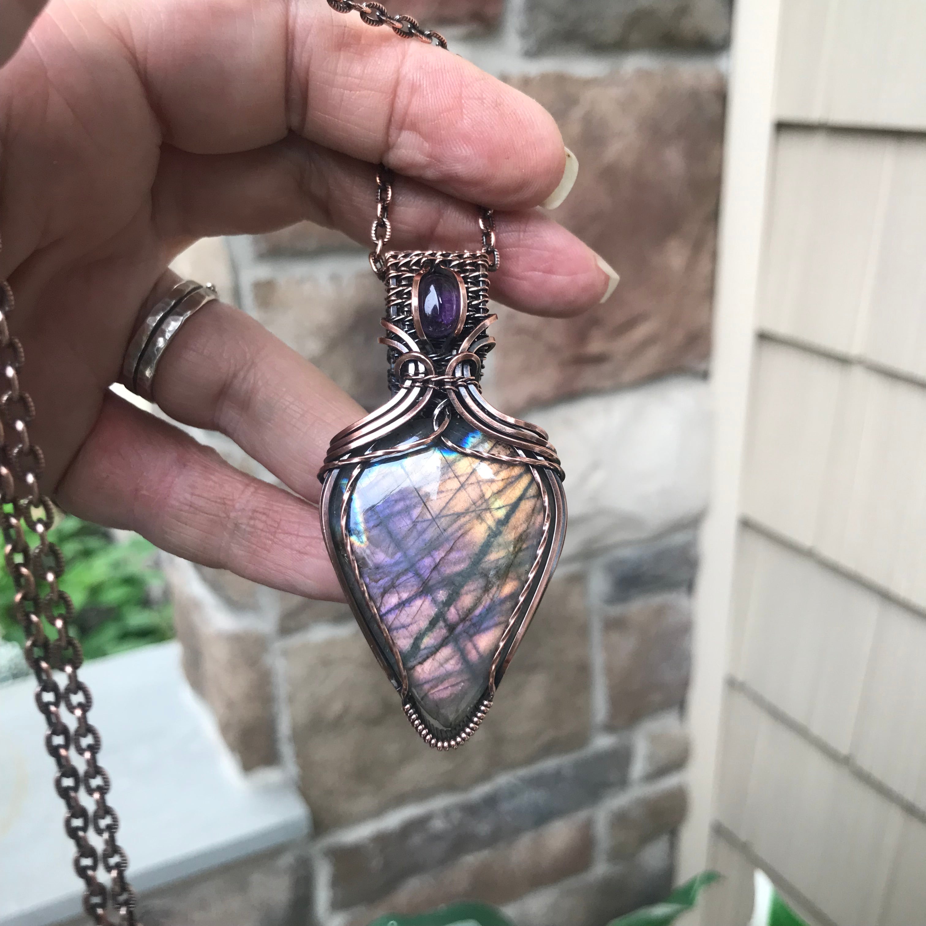 Rainbow Labradorite & Amethyst Copper Pendant