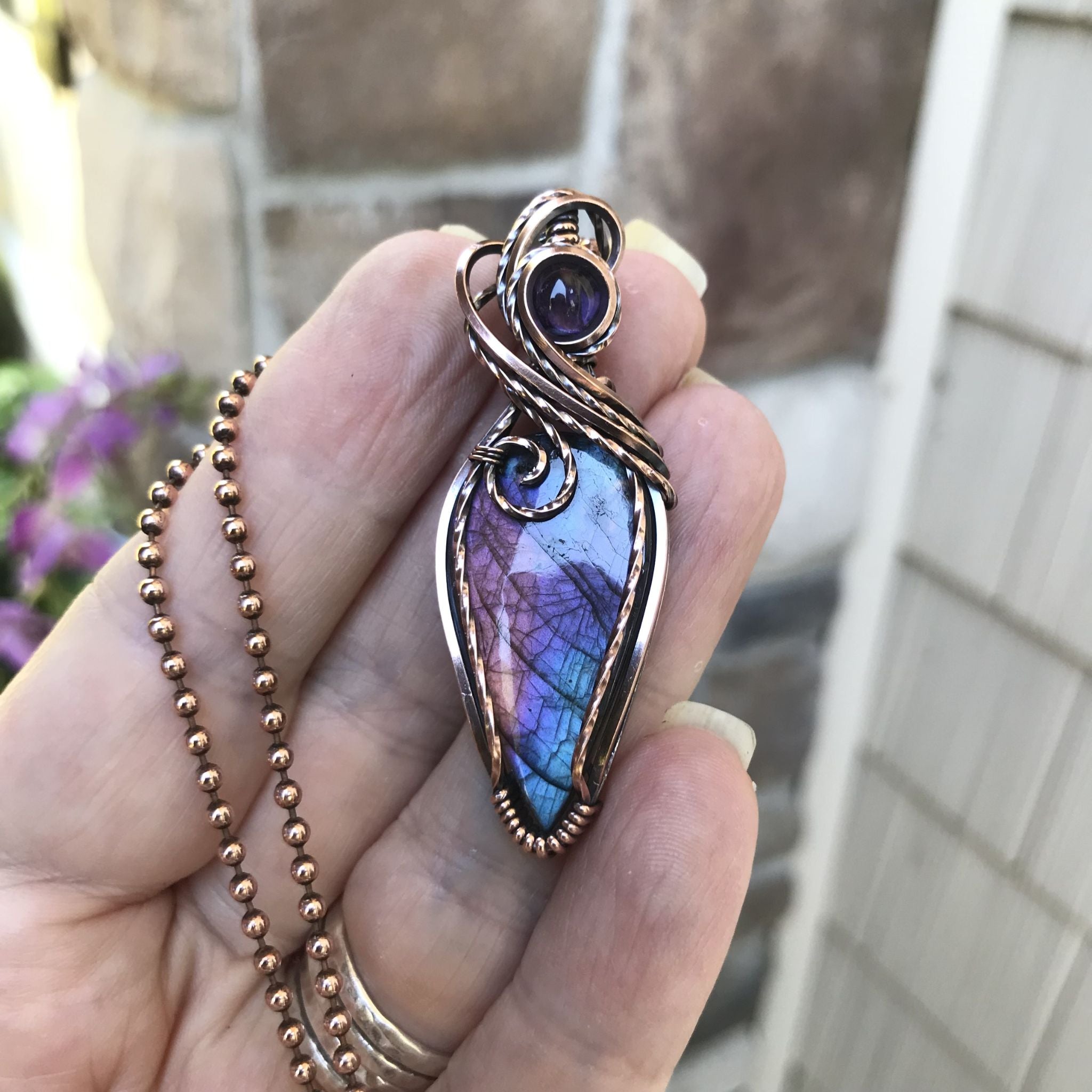 Blue Pink Purple Labradorite & Amethyst Copper Necklace