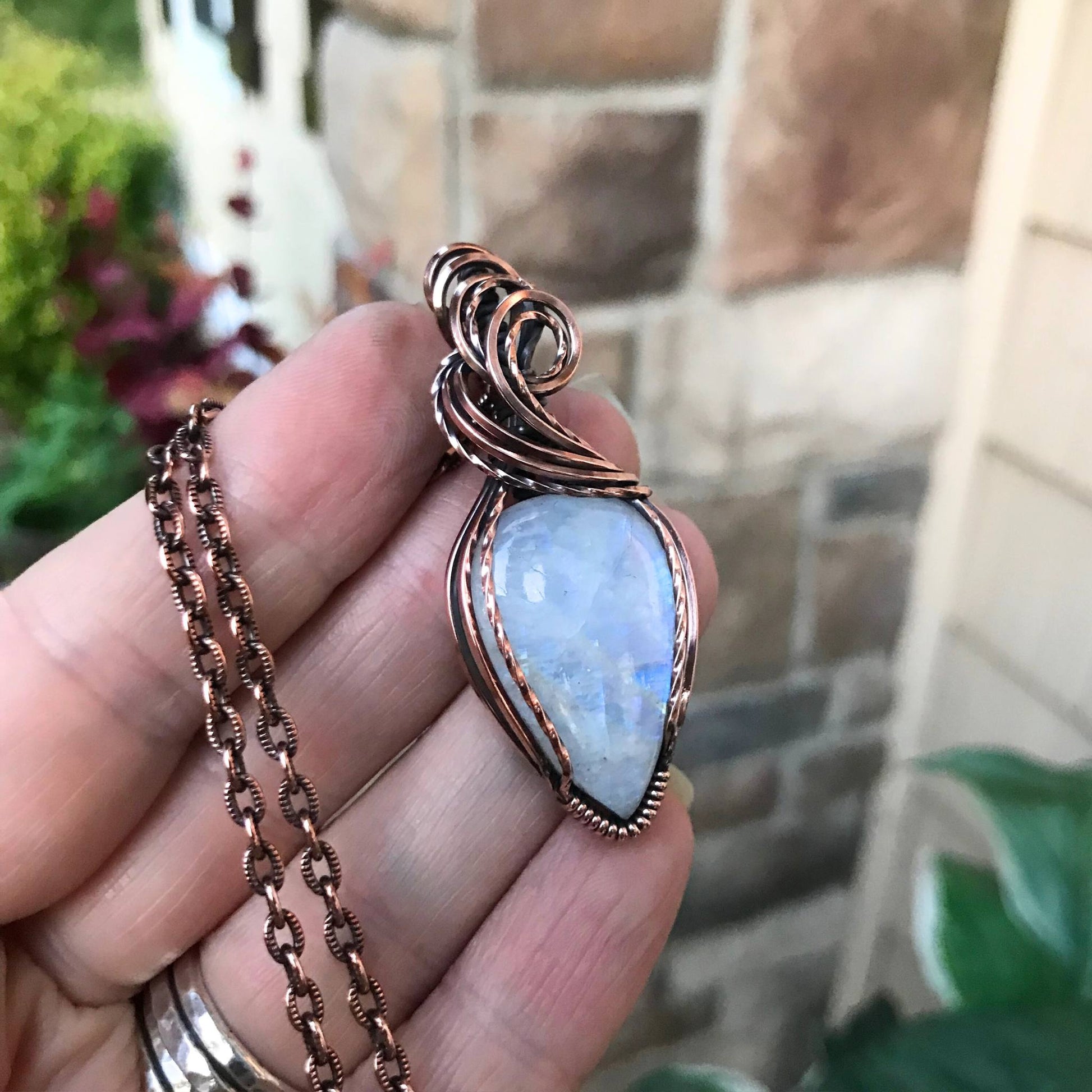 Rainbow Moonstone Copper Pendant