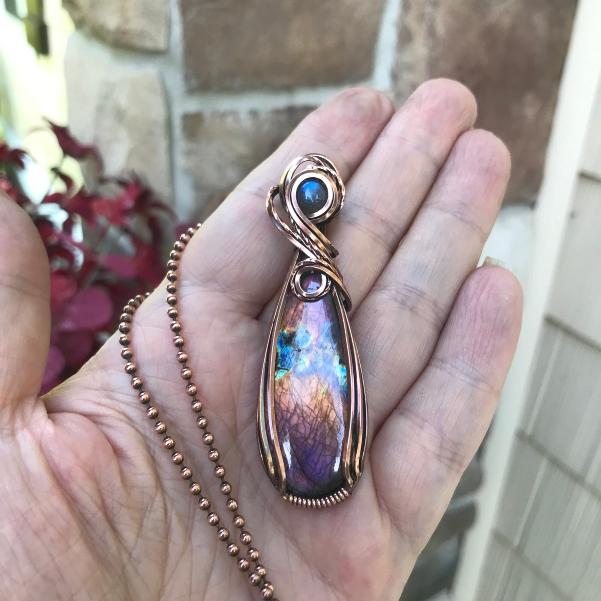 Orange & Purple Labradorite Slender Copper Pendant