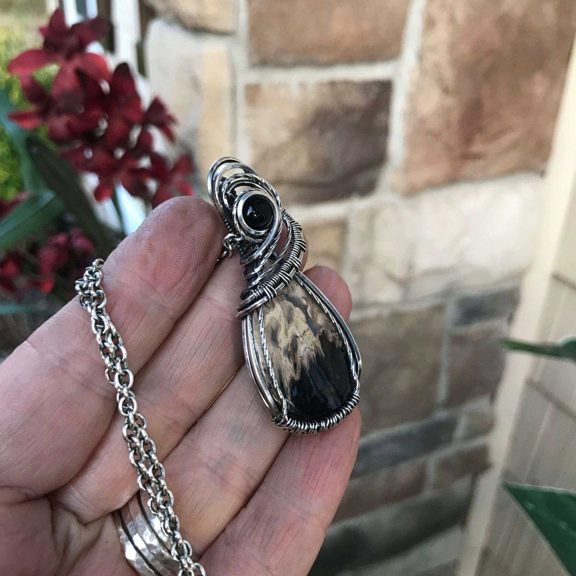 CUSTOM LISTING - Petrified Palm Wood & Black Onyx Silver Pendant