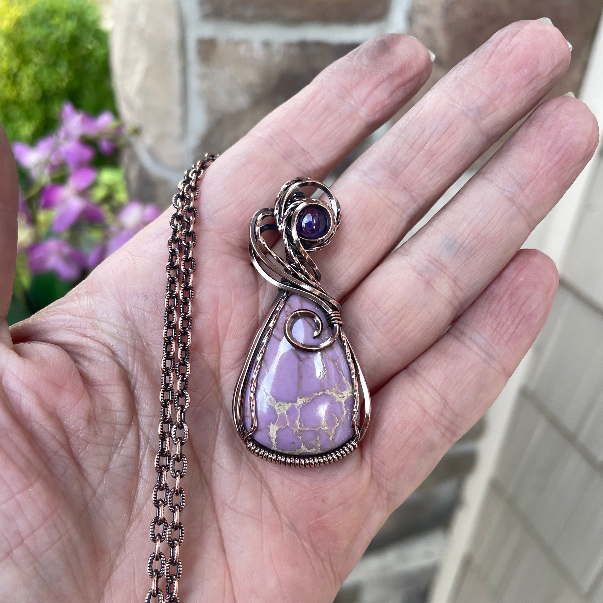 Phosphosiderite & Amethyst Swirly Copper Pendant
