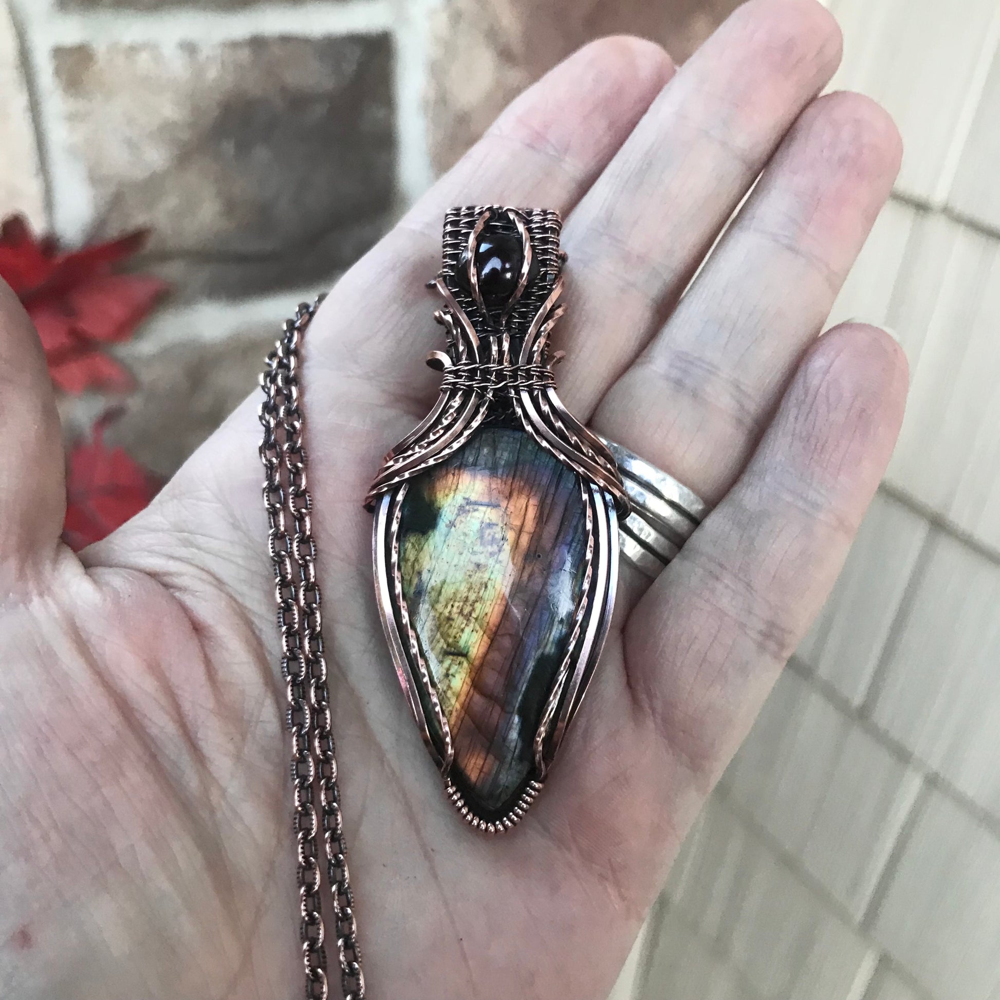 Rainbow Labradorite & Garnet Copper Pendant with Weaving