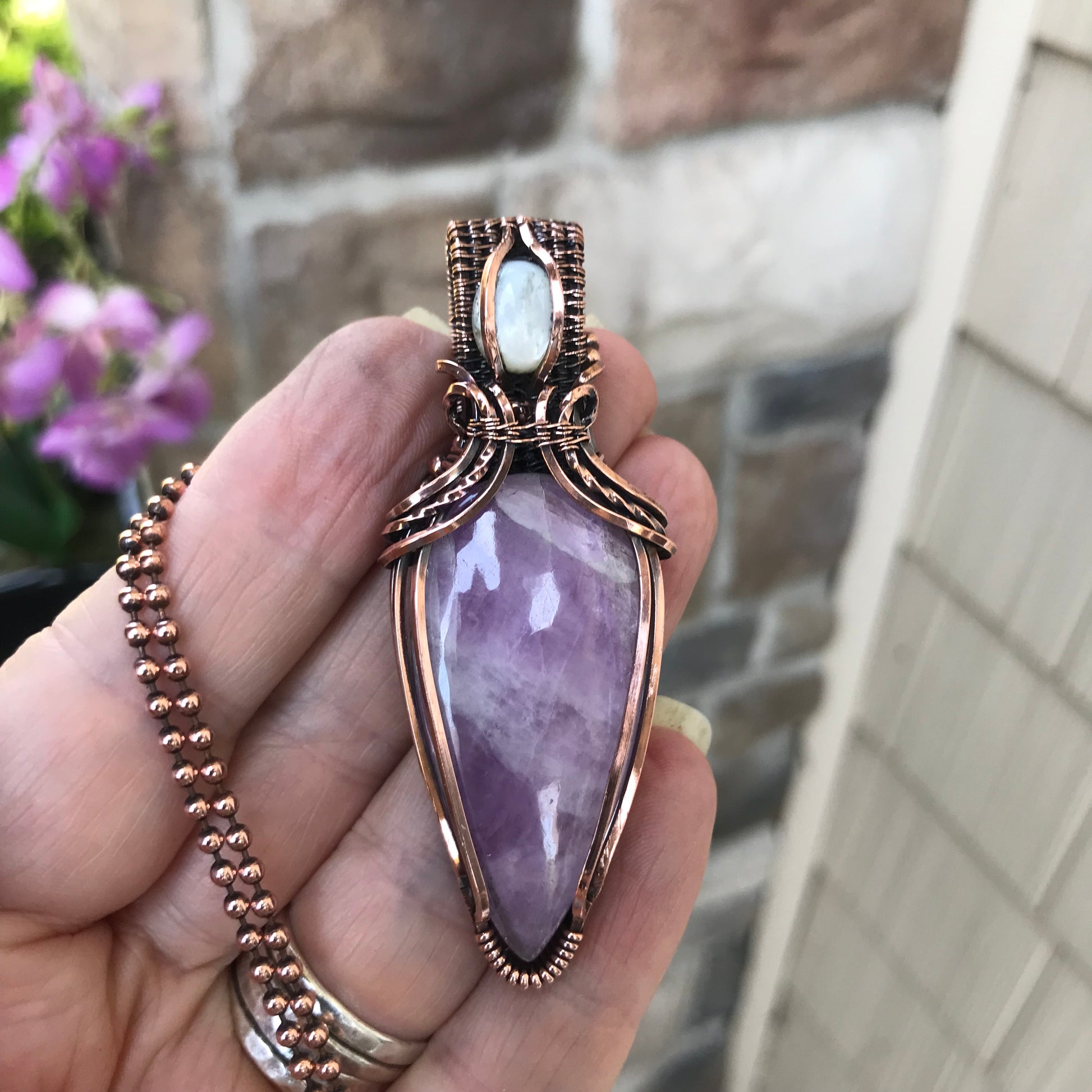 Kunzite & Mother of Pearl Copper Pendant with Weaving