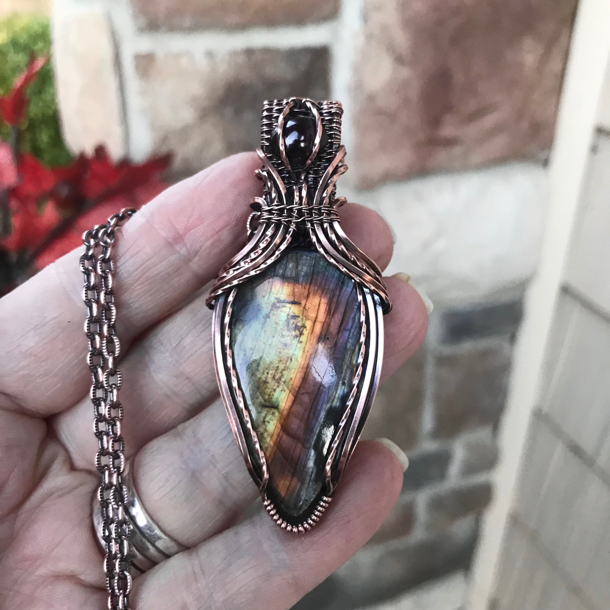 Rainbow Labradorite & Garnet Copper Pendant with Weaving