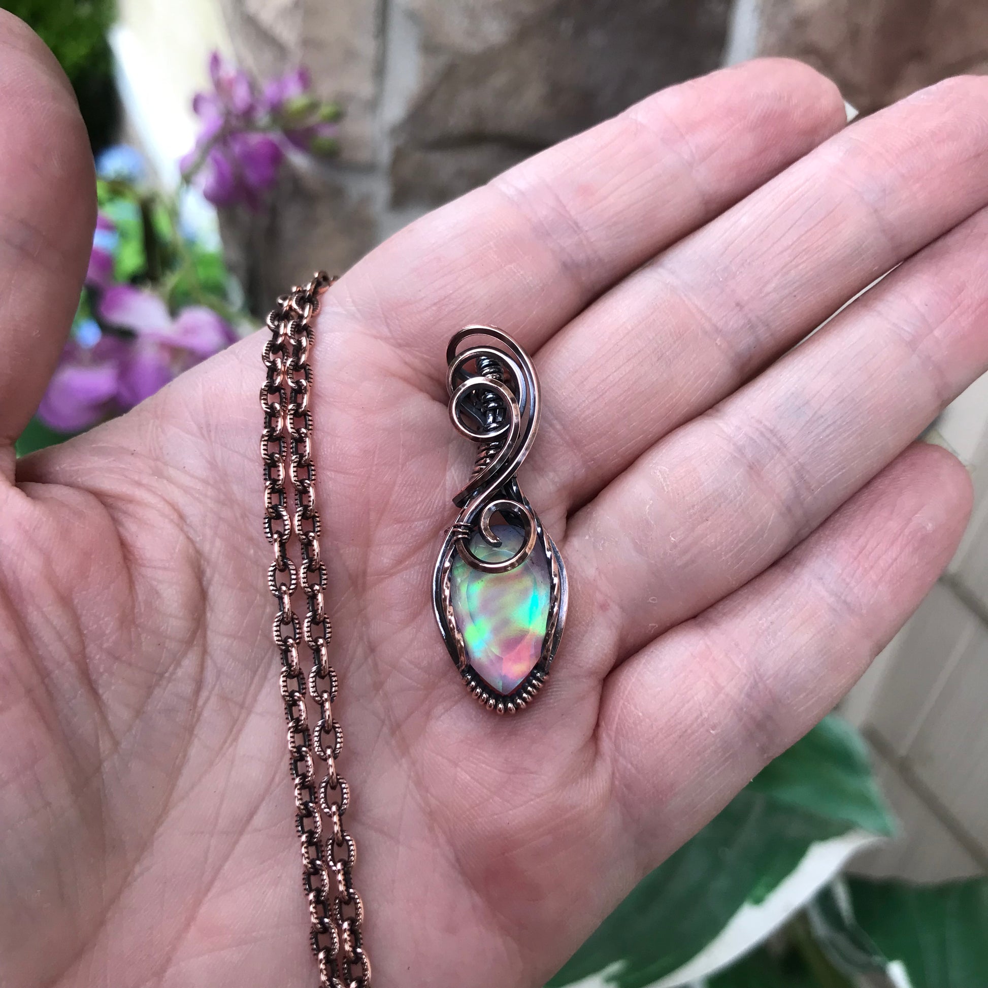 Aurora Opal Small Green Rainbow Copper Pendant