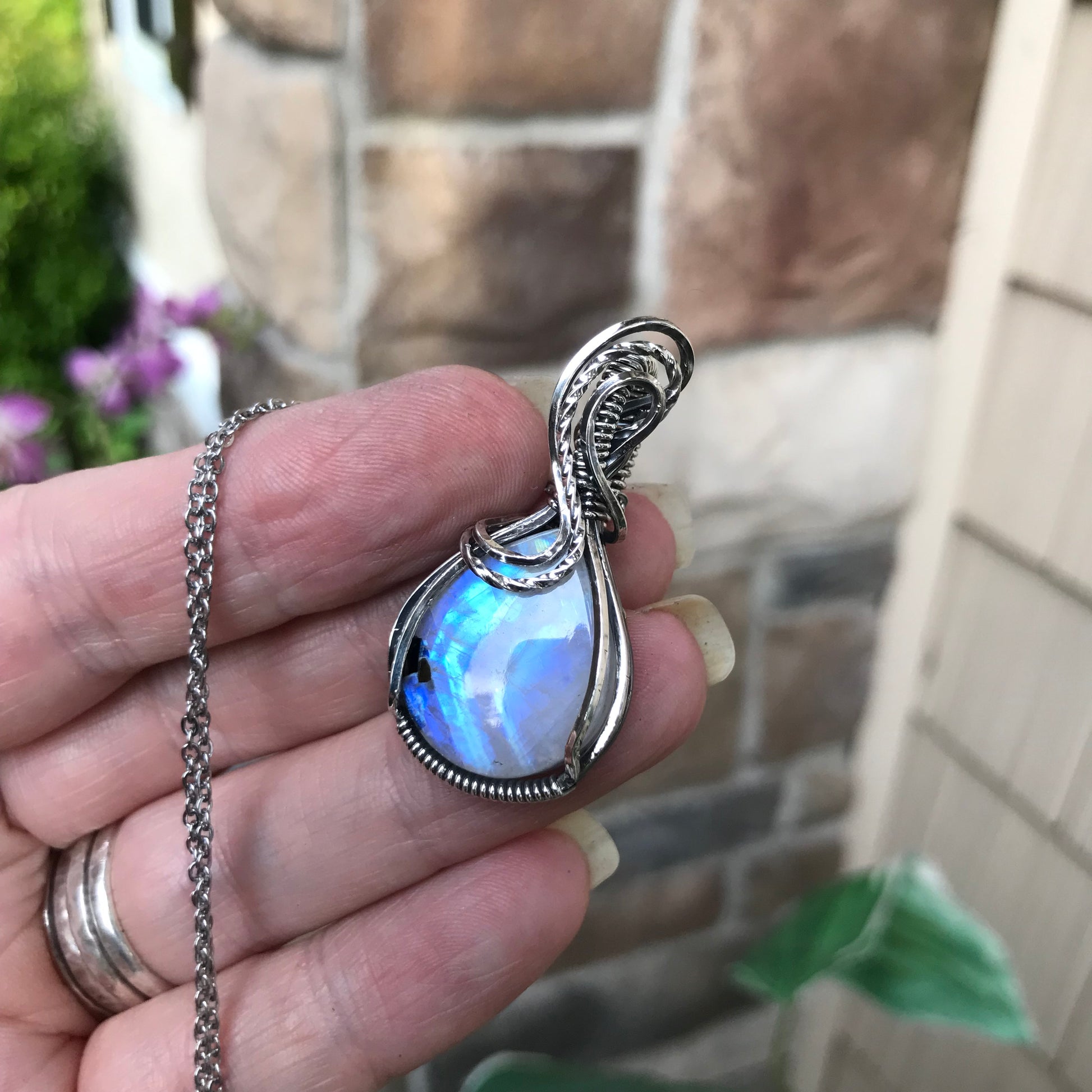 Moonstone with Black Tourmaline Sterling Silver Pendant