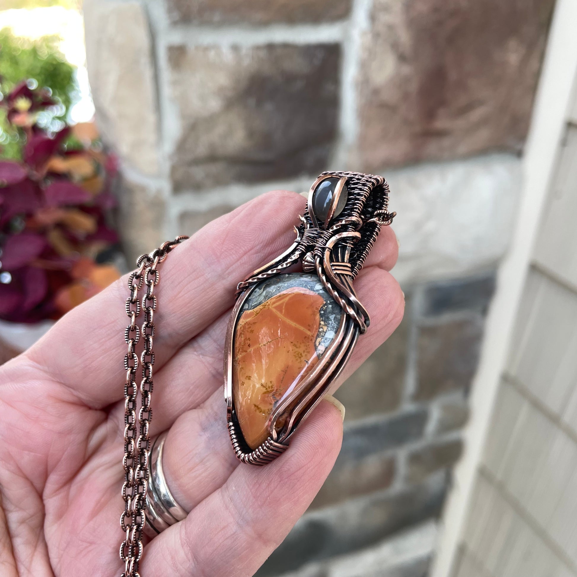 Maligano Jasper & Gray Moonstone Copper Pendant with Weaving