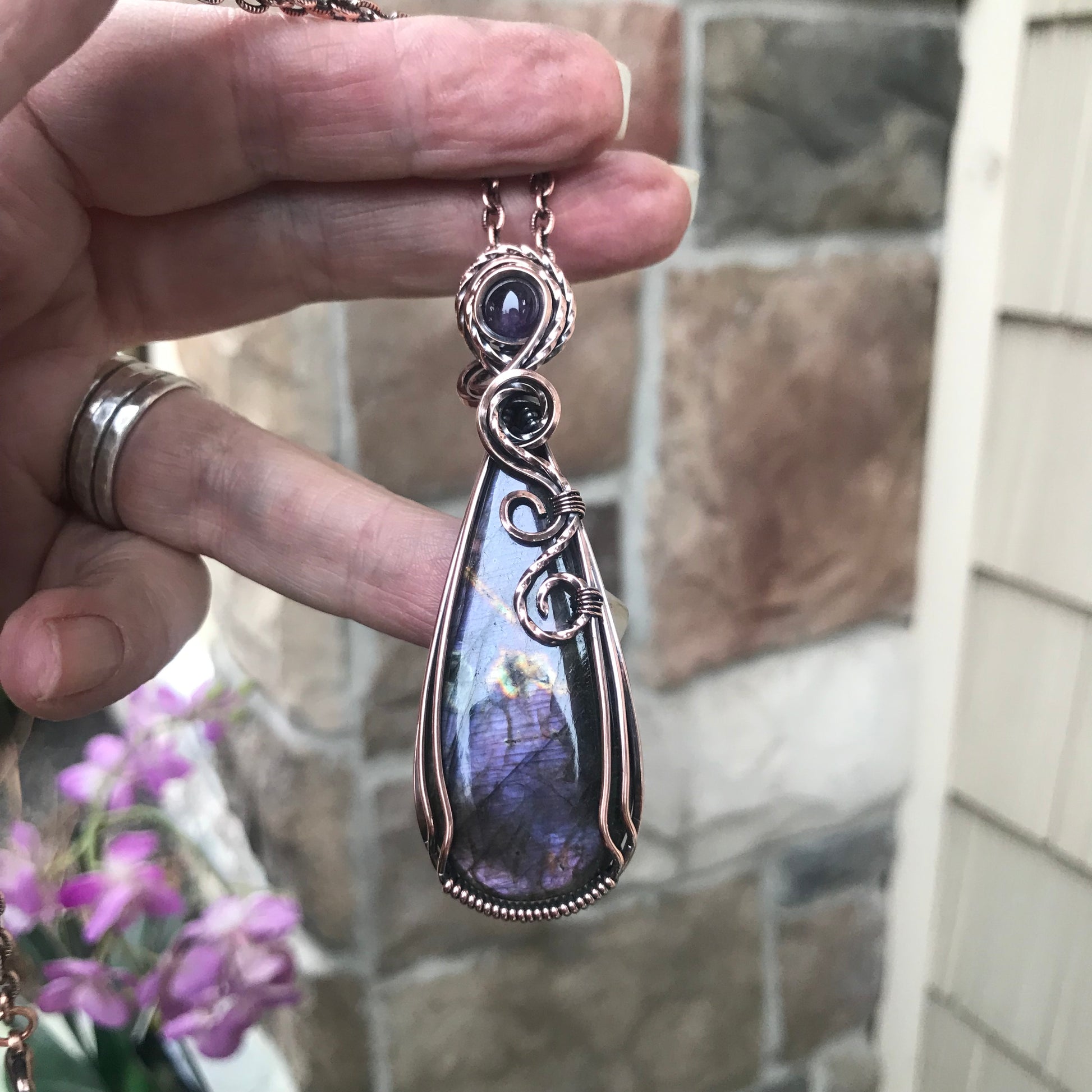 Purple Labradorite & Amethyst Slender Teardrop Copper Pendant