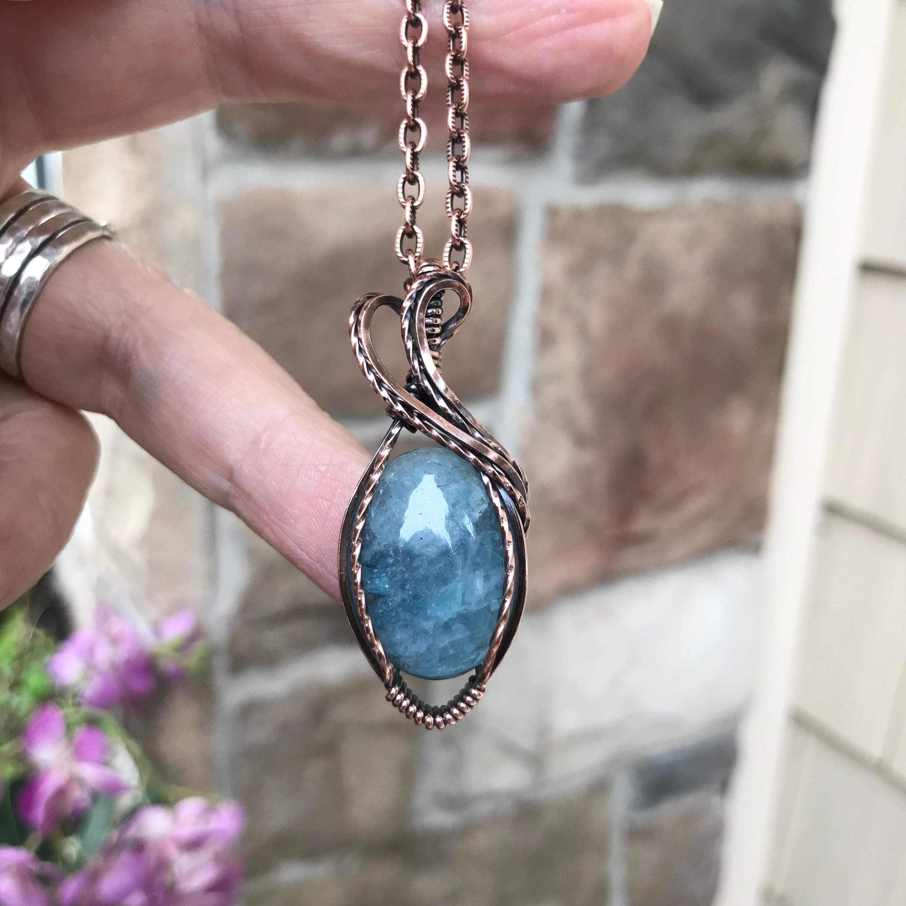 Aquamarine Oval Copper Pendant
