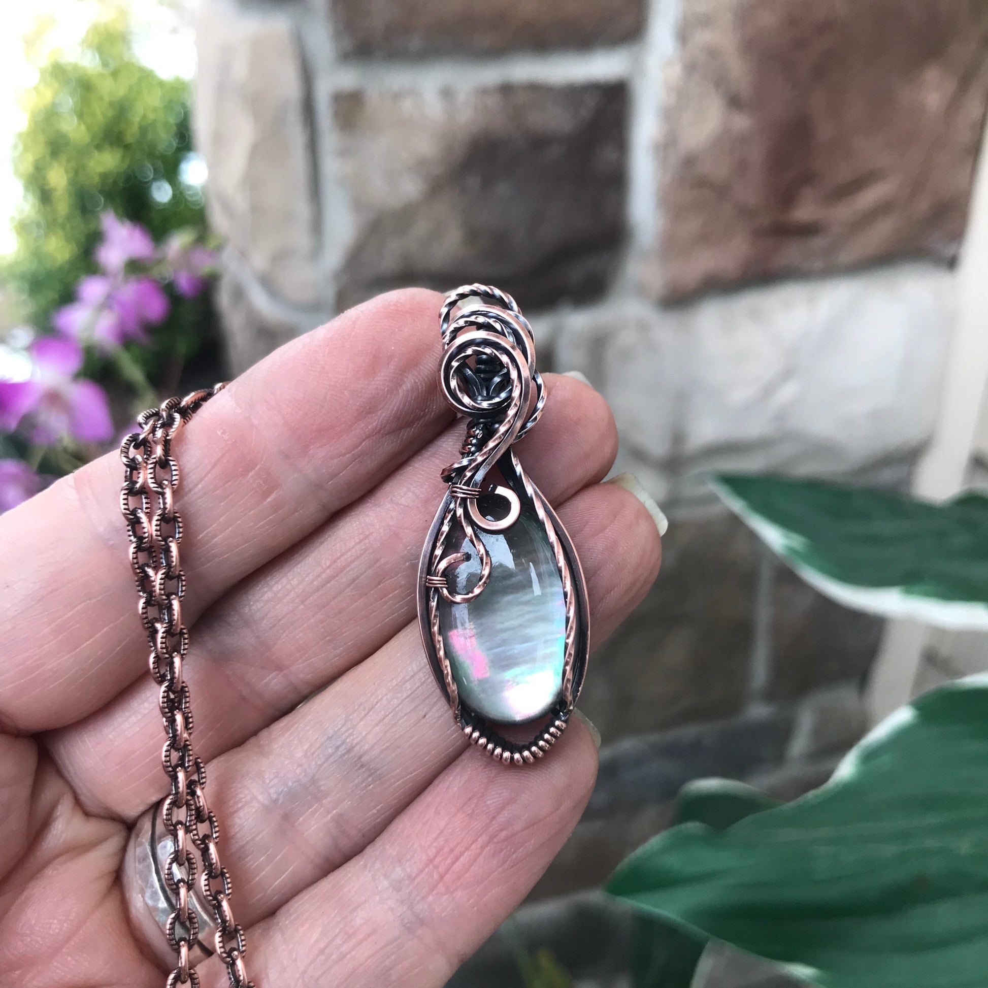 Mother of Pearl Crystal Quartz Doublet Oval Copper Necklace