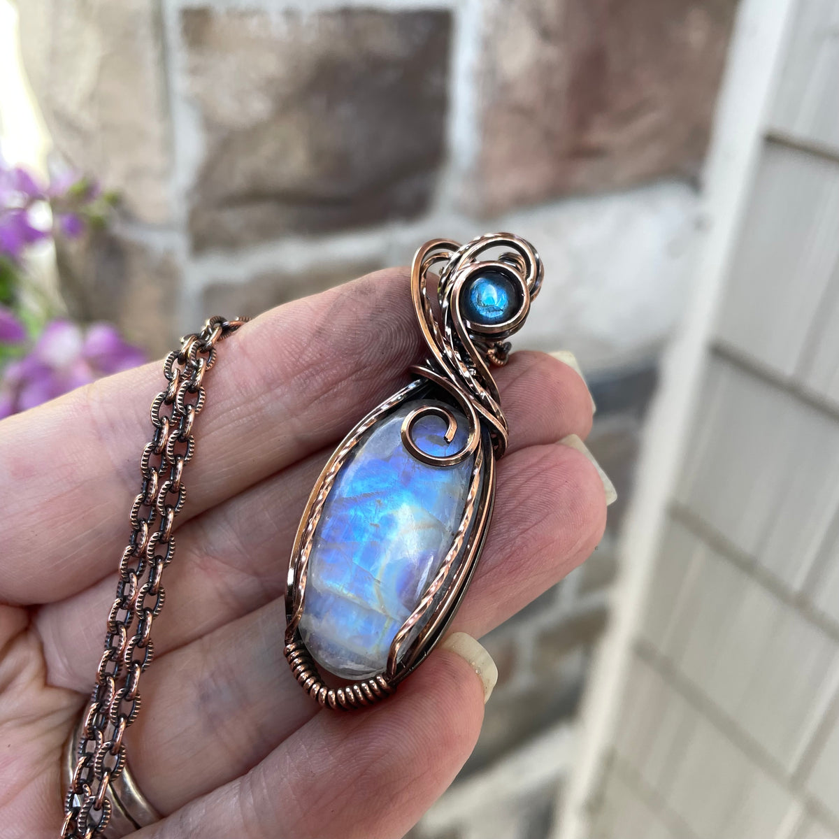 Moonstone & Blue Labradorite Swirly Copper Pendant