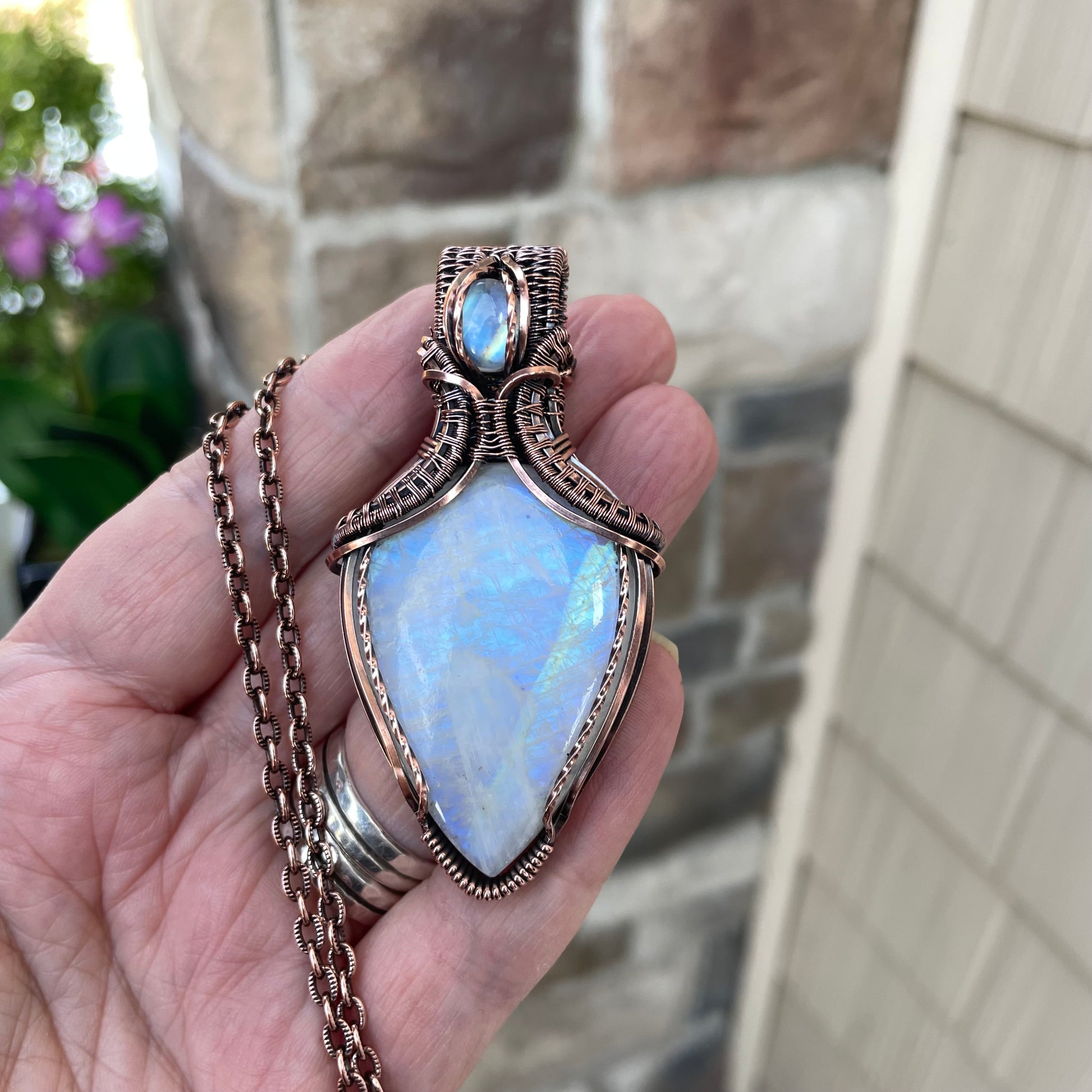 Moonstone Copper Pendant with Weaving