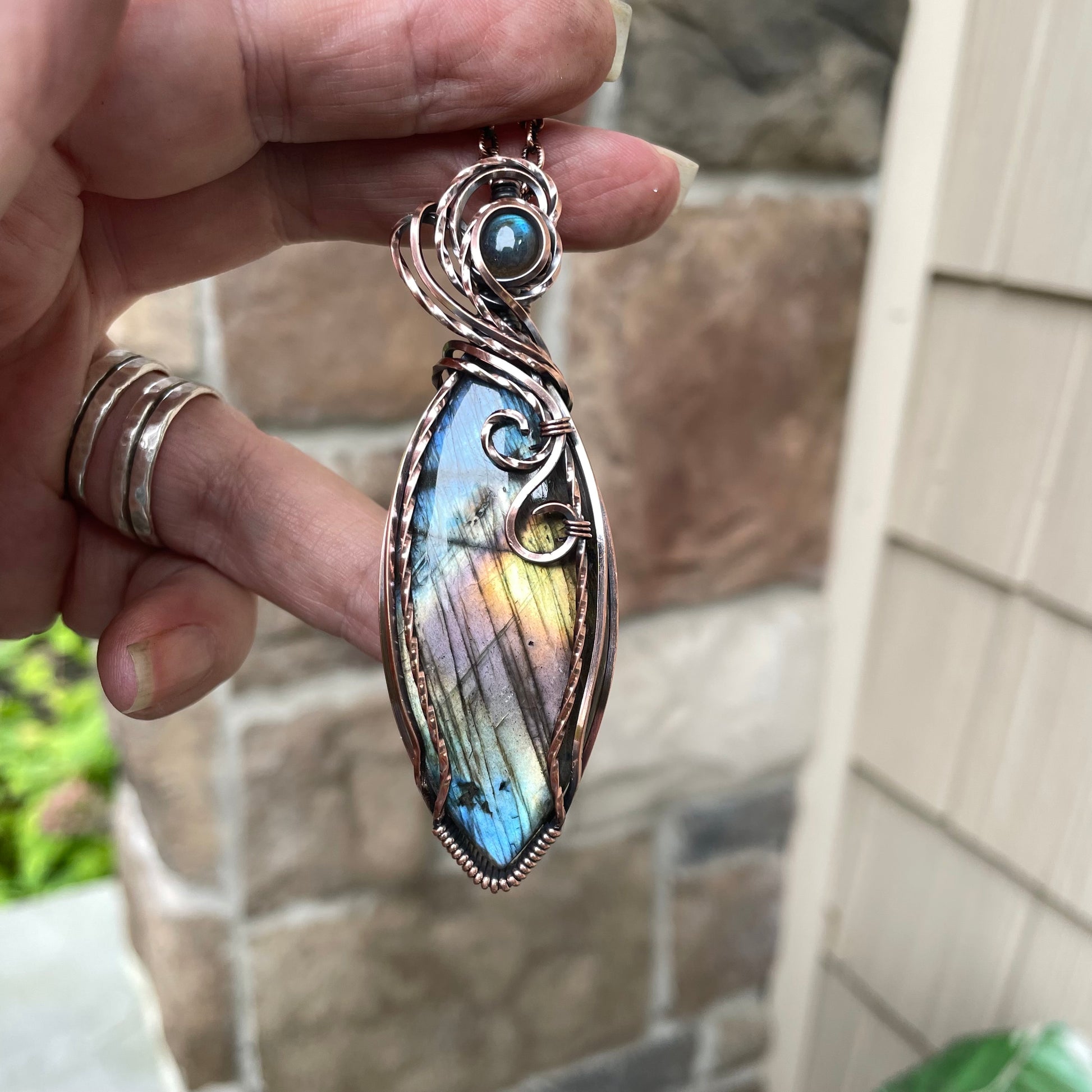 Marquis Rainbow Labradorite & Blue Labradorite Accent Copper Pendant
