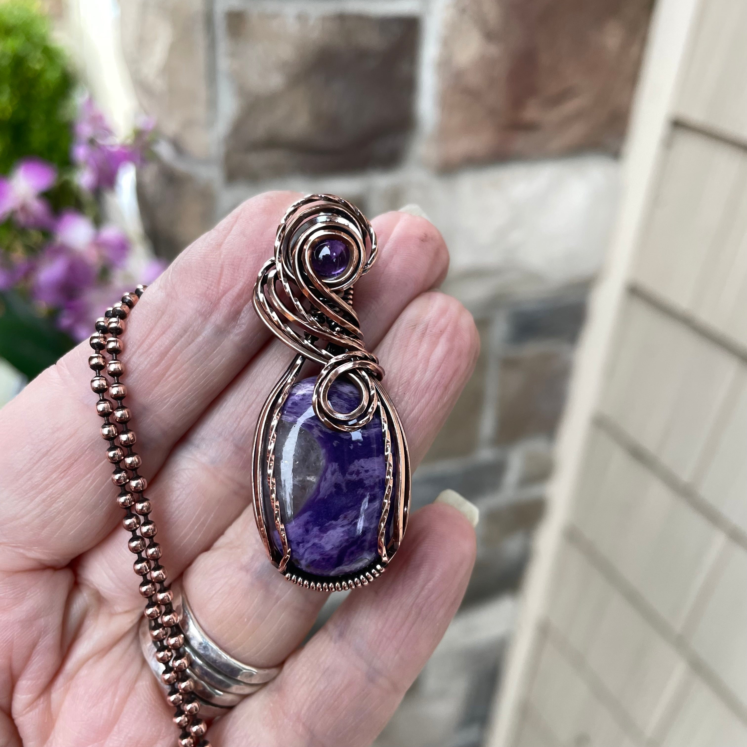 Charoite & Amethyst Oval Copper Pendant