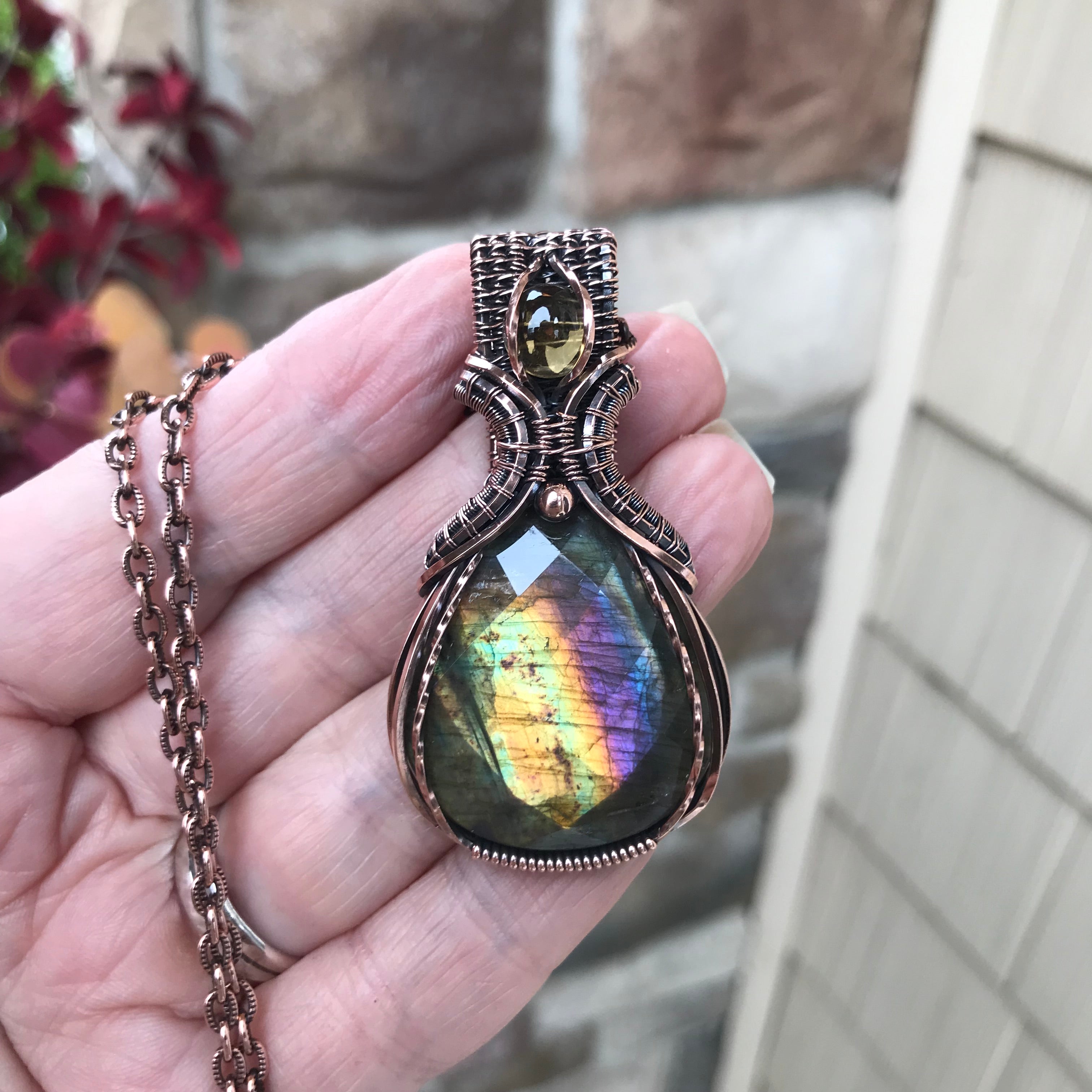 Yellow Purple Faceted Labradorite & Citrine Copper Pendant