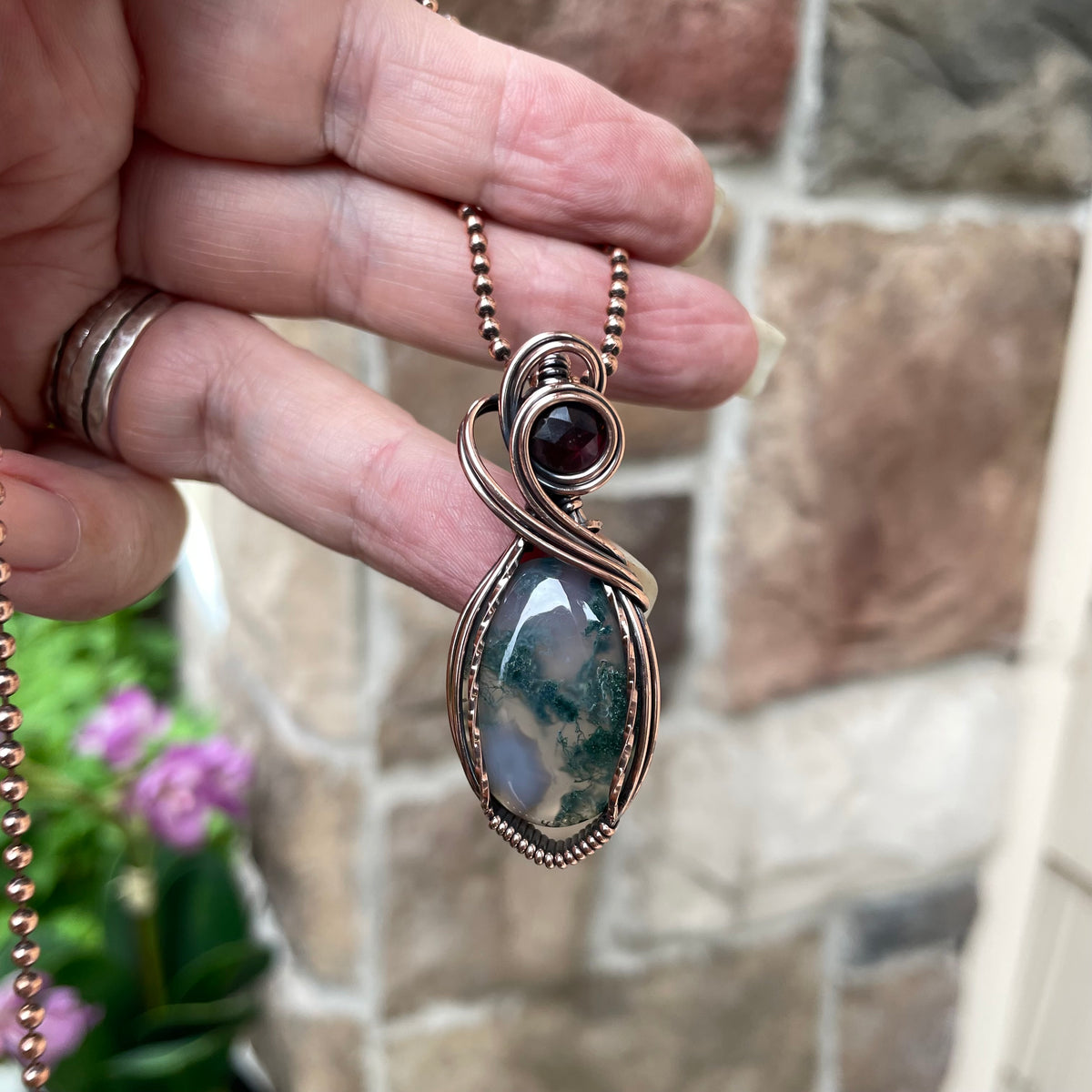 Moss Agate & Garnet Copper Necklace