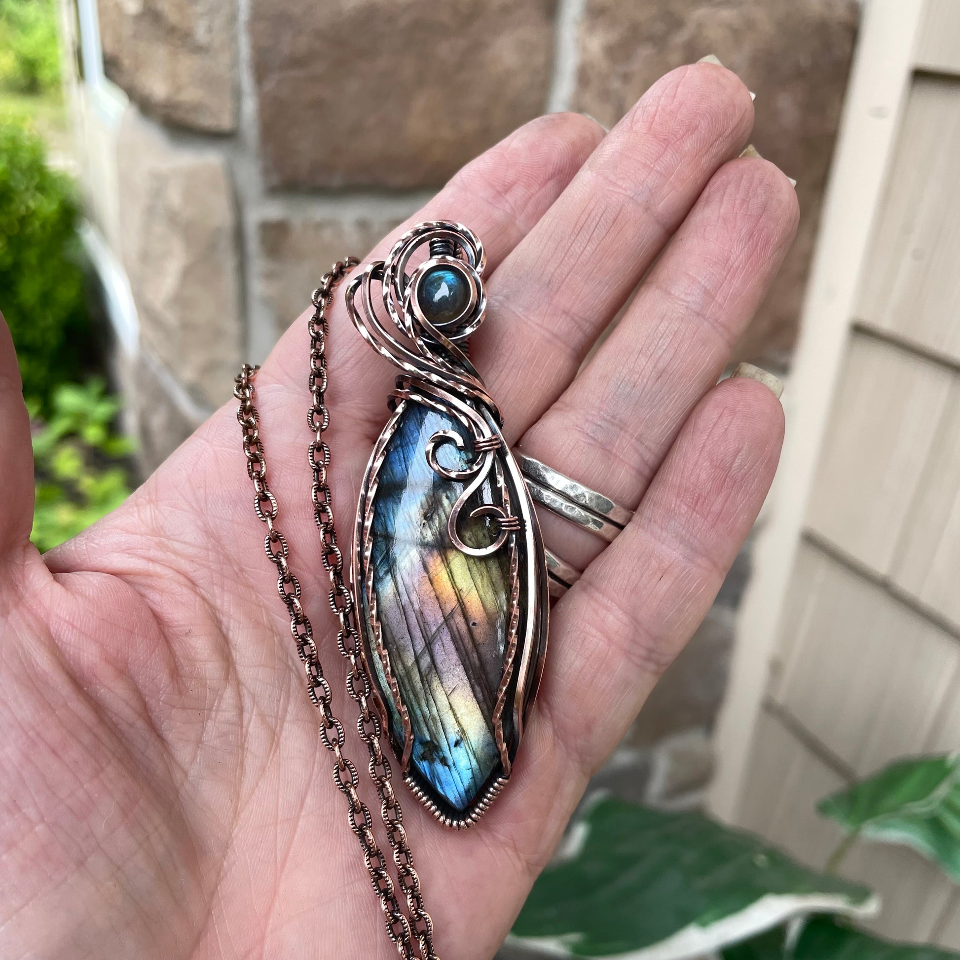 Marquis Rainbow Labradorite & Blue Labradorite Accent Copper Pendant