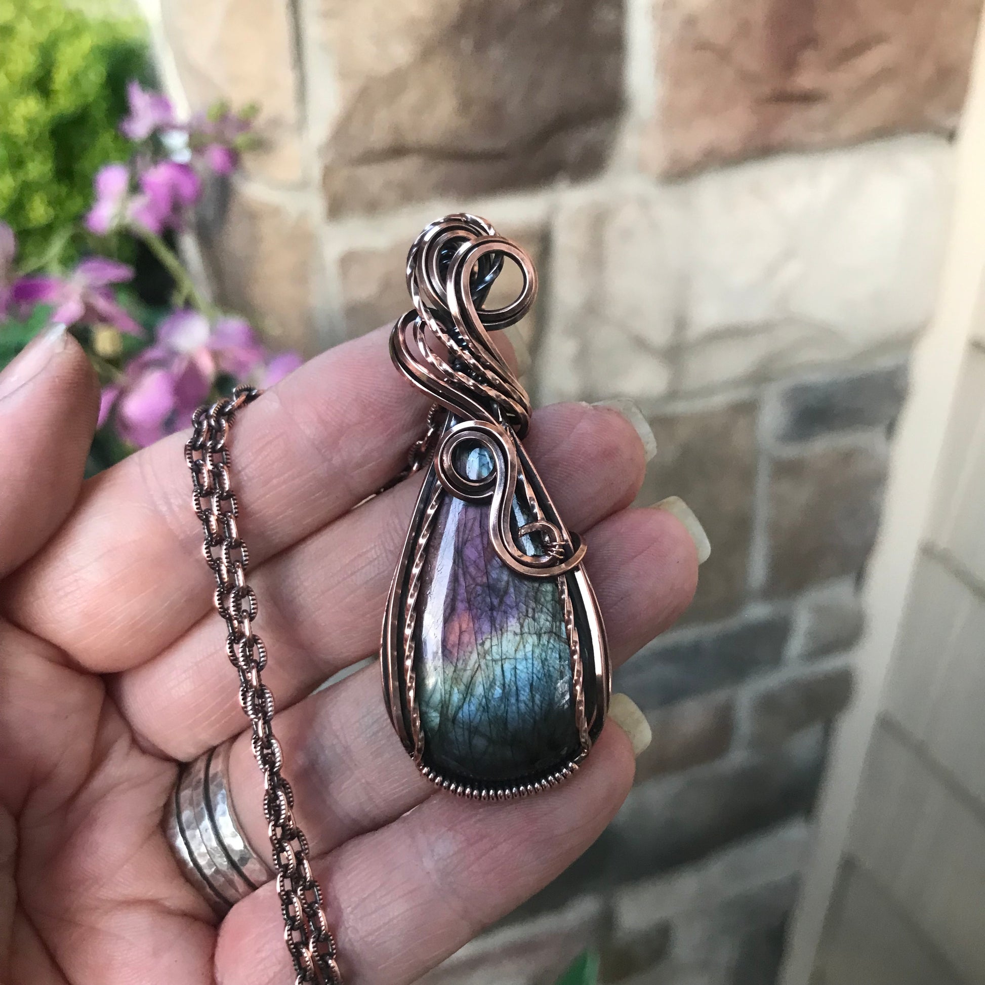 Green & Purple Labradorite Copper Pendant