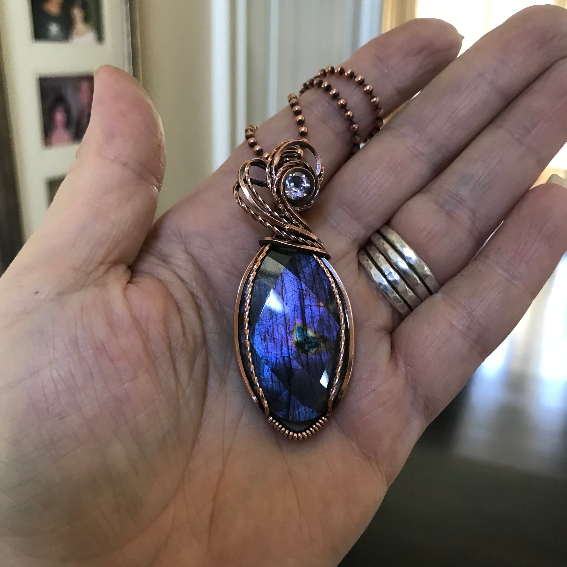 Faceted Purple Oval Labradorite & Pink Amethyst Copper Pendant
