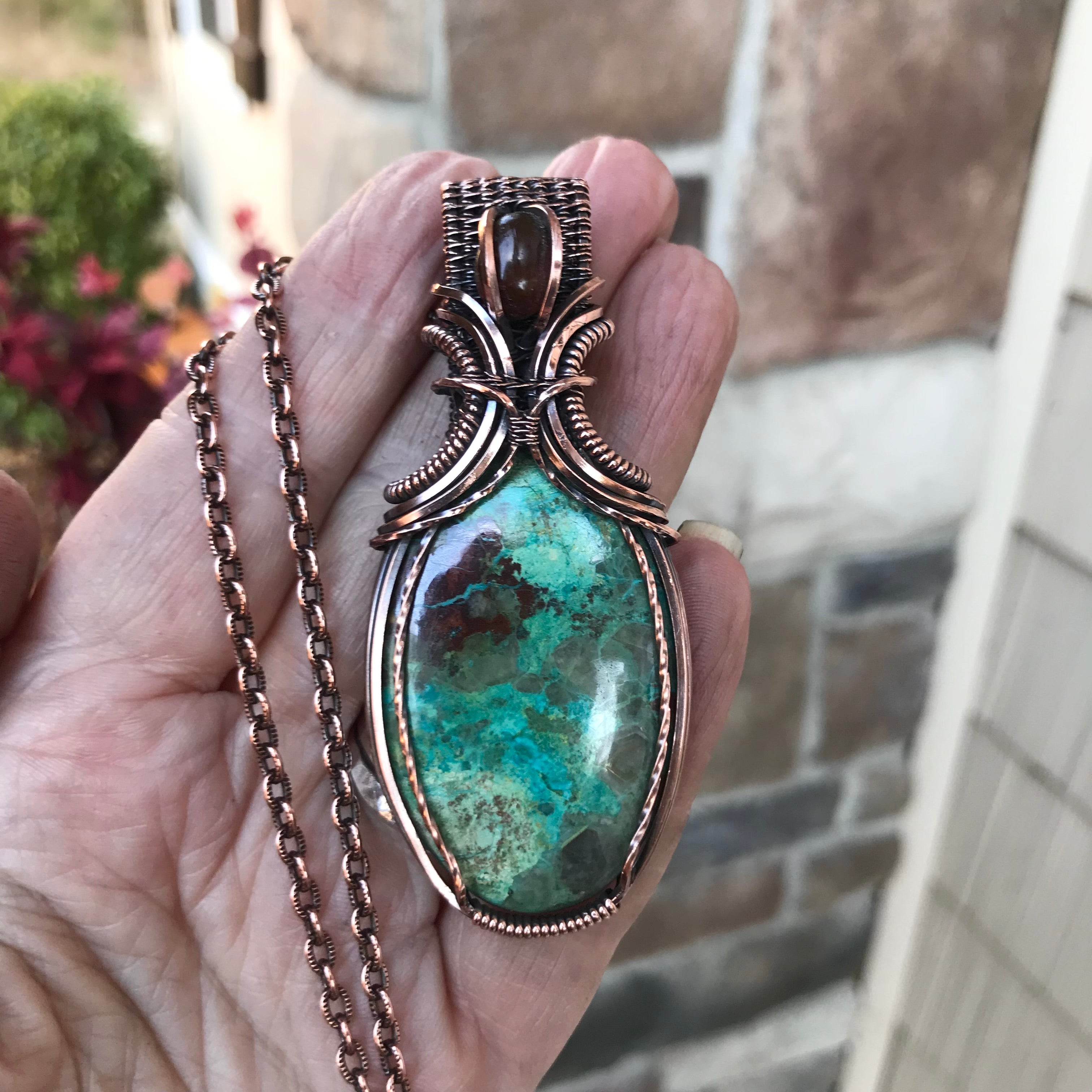 Shattuckite & Amber Oval Pendant with Weaving