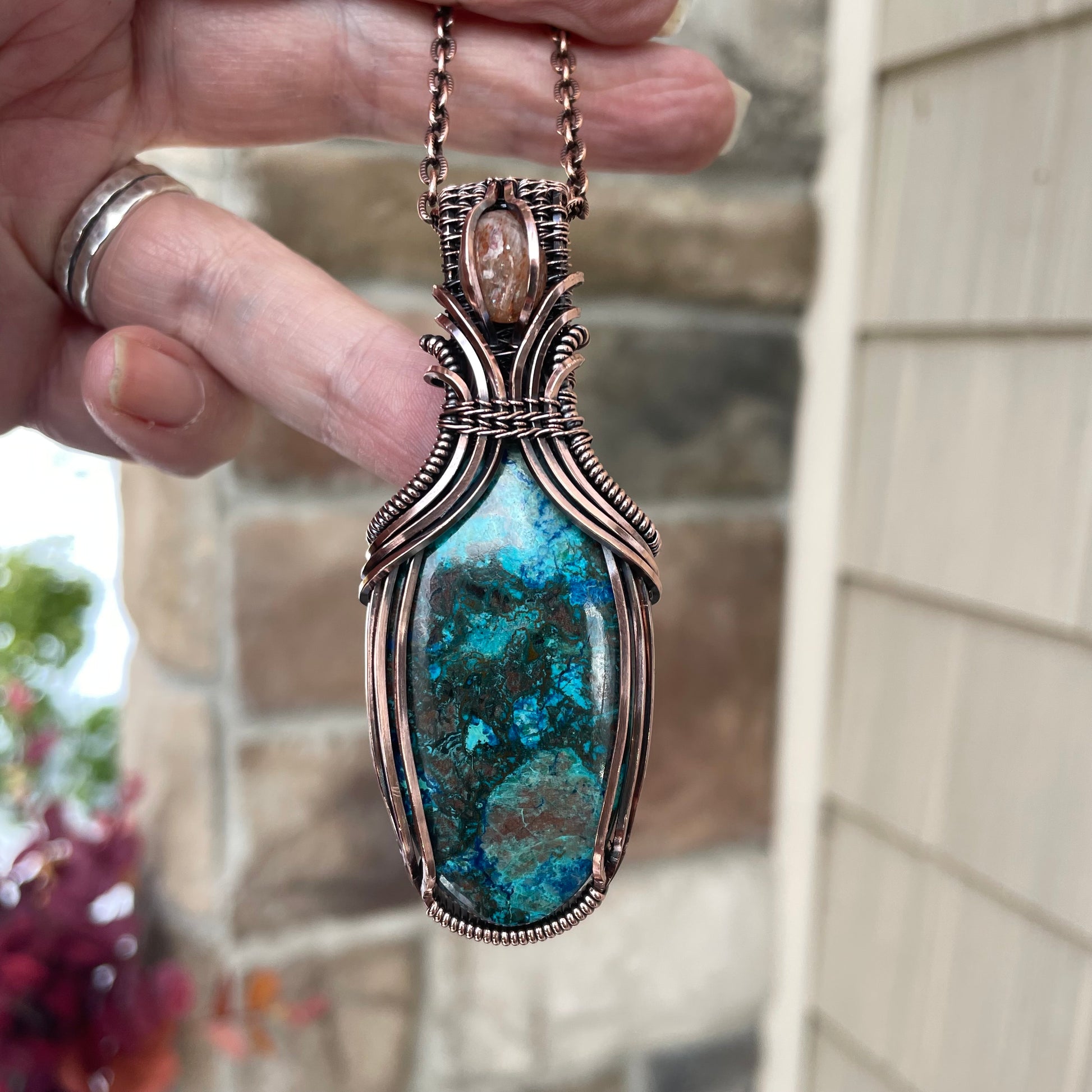 Shattuckite & Sunstone Oval Pendant with Weaving