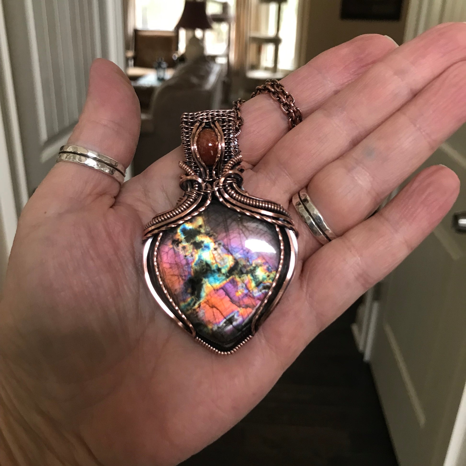 Orange Purple Rainbow Labradorite & Sunstone Copper Pendant with Weaving