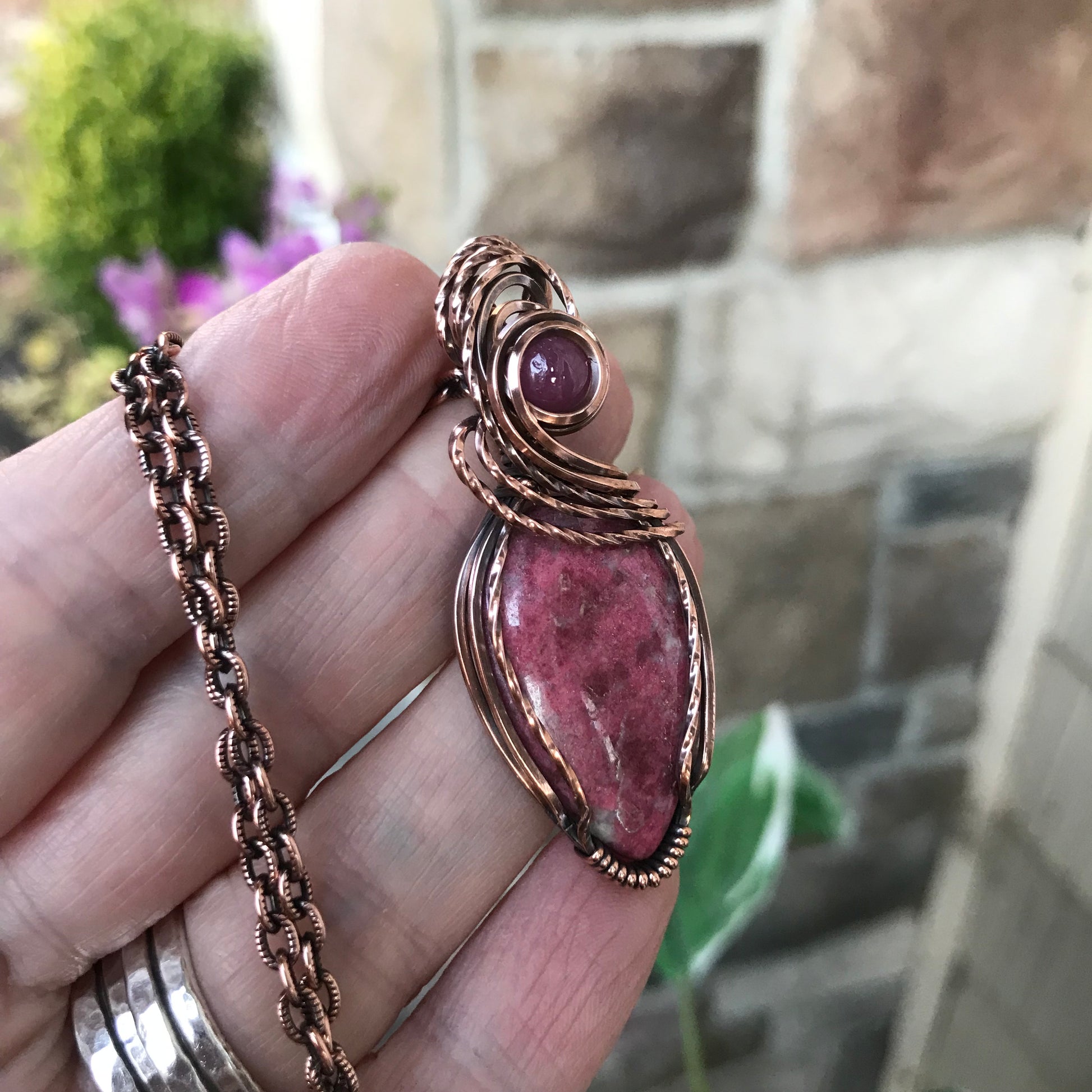 Pink Thulite & Ruby Swirly Copper Necklace