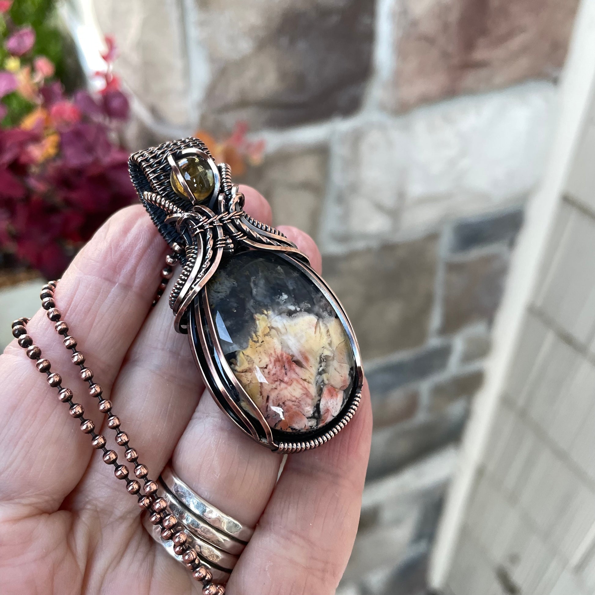 Feather Ridge Plume Agate & Citrine Copper Pendant with Weaving