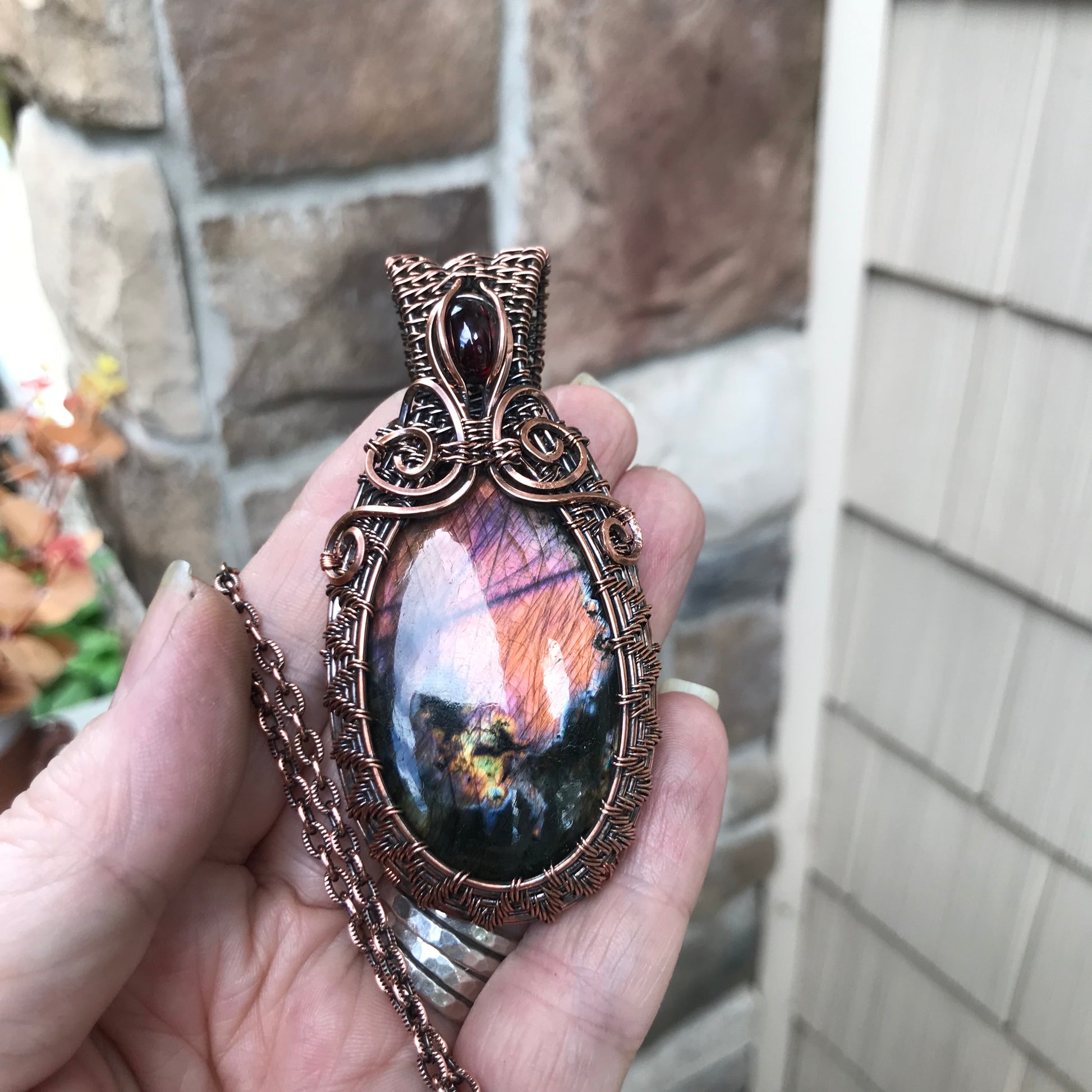 Maroon Amber Labradorite & Garnet Copper Woven Pendant