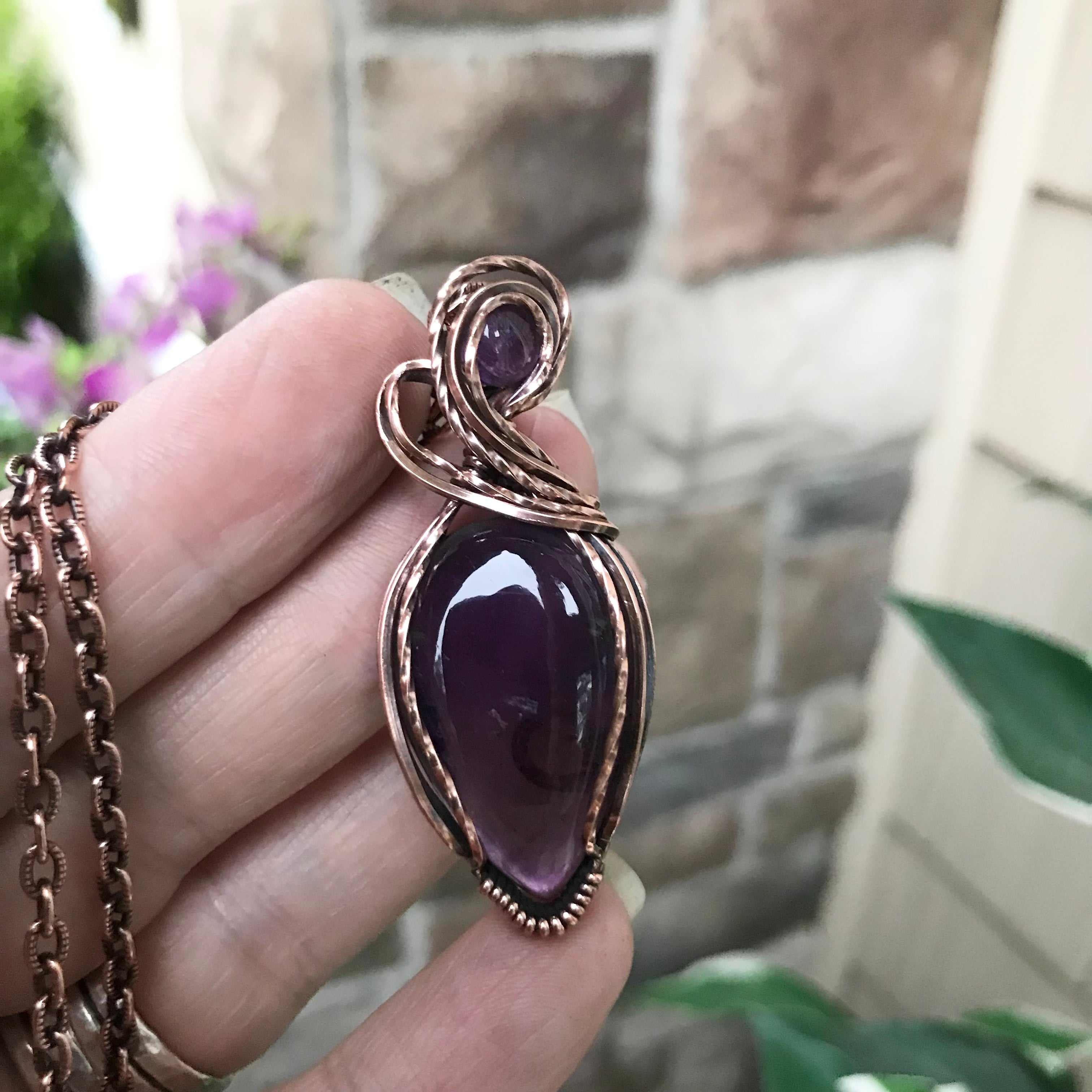Amethyst with Amethyst Accent Teardrop Copper Pendant