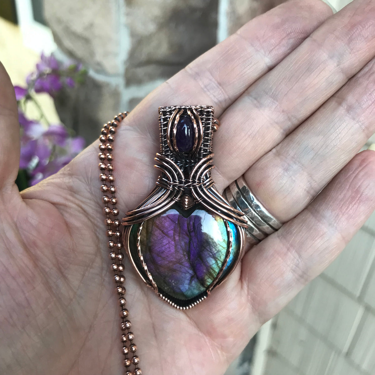 Rainbow Labradorite & Amethyst Copper Pendant