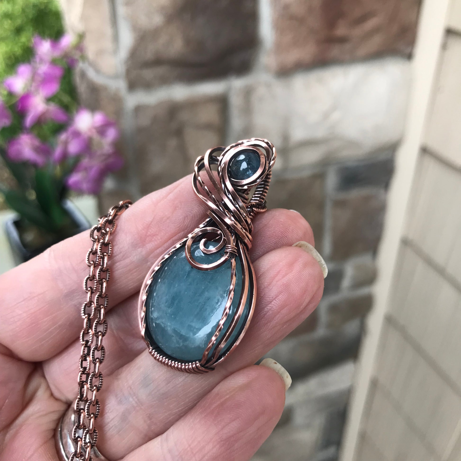 Aquamarine Swirly Copper Pendant