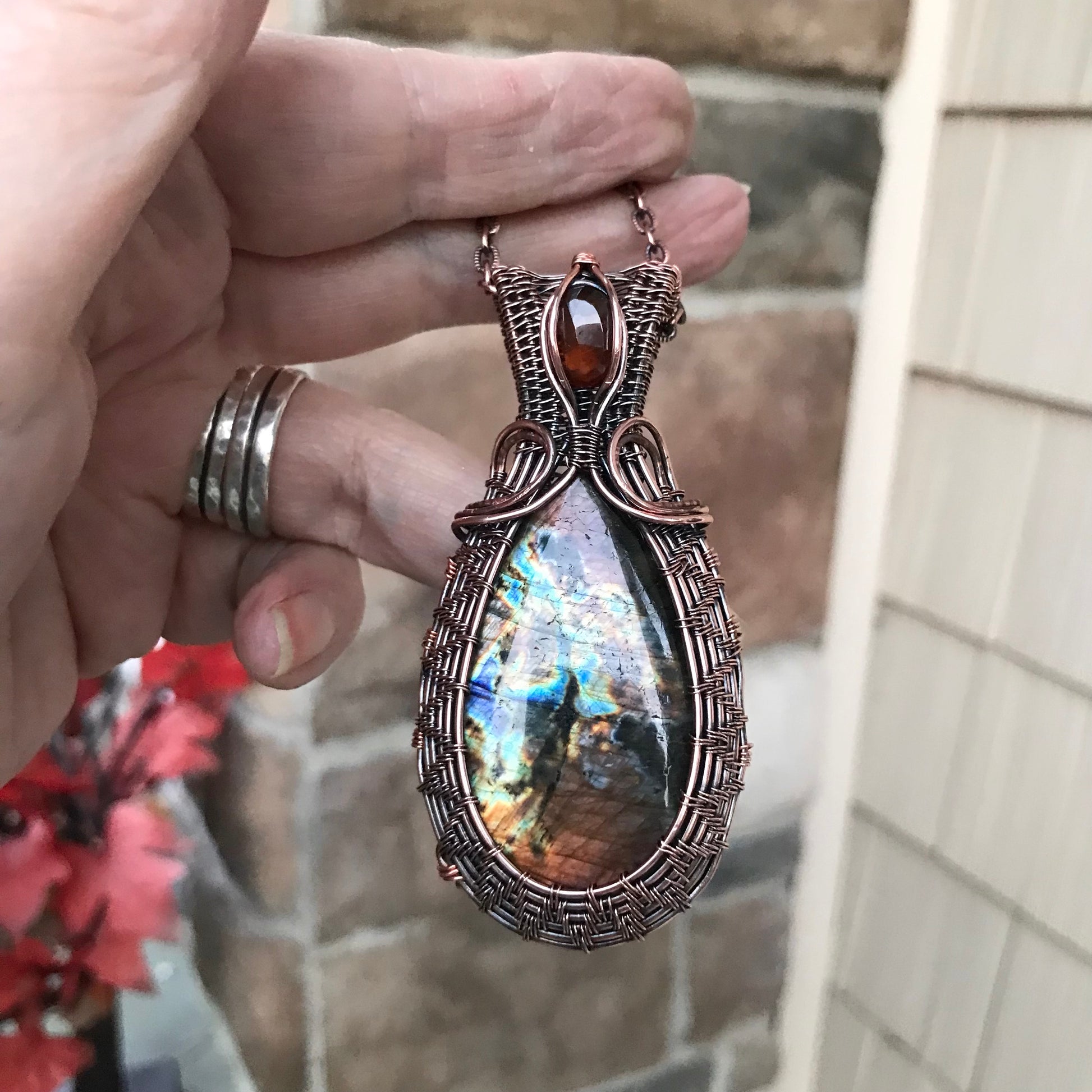 Amber Blue Labradorite & Hessonite Garnet Woven Copper Pendant
