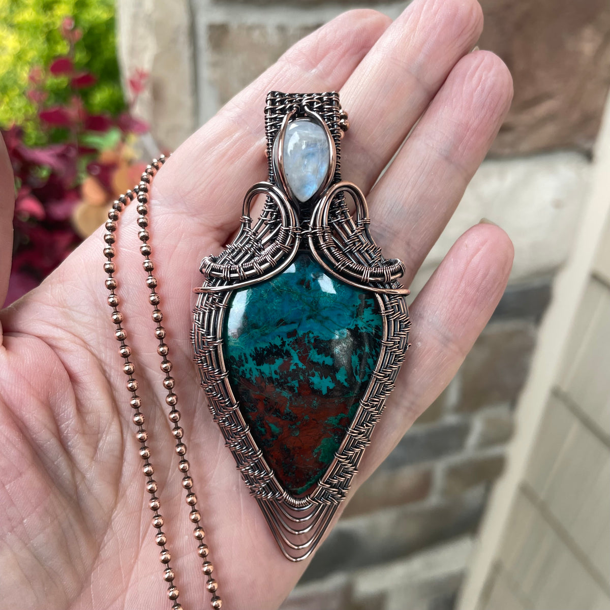 Chrysocolla & Moonstone Woven Statement Pendant