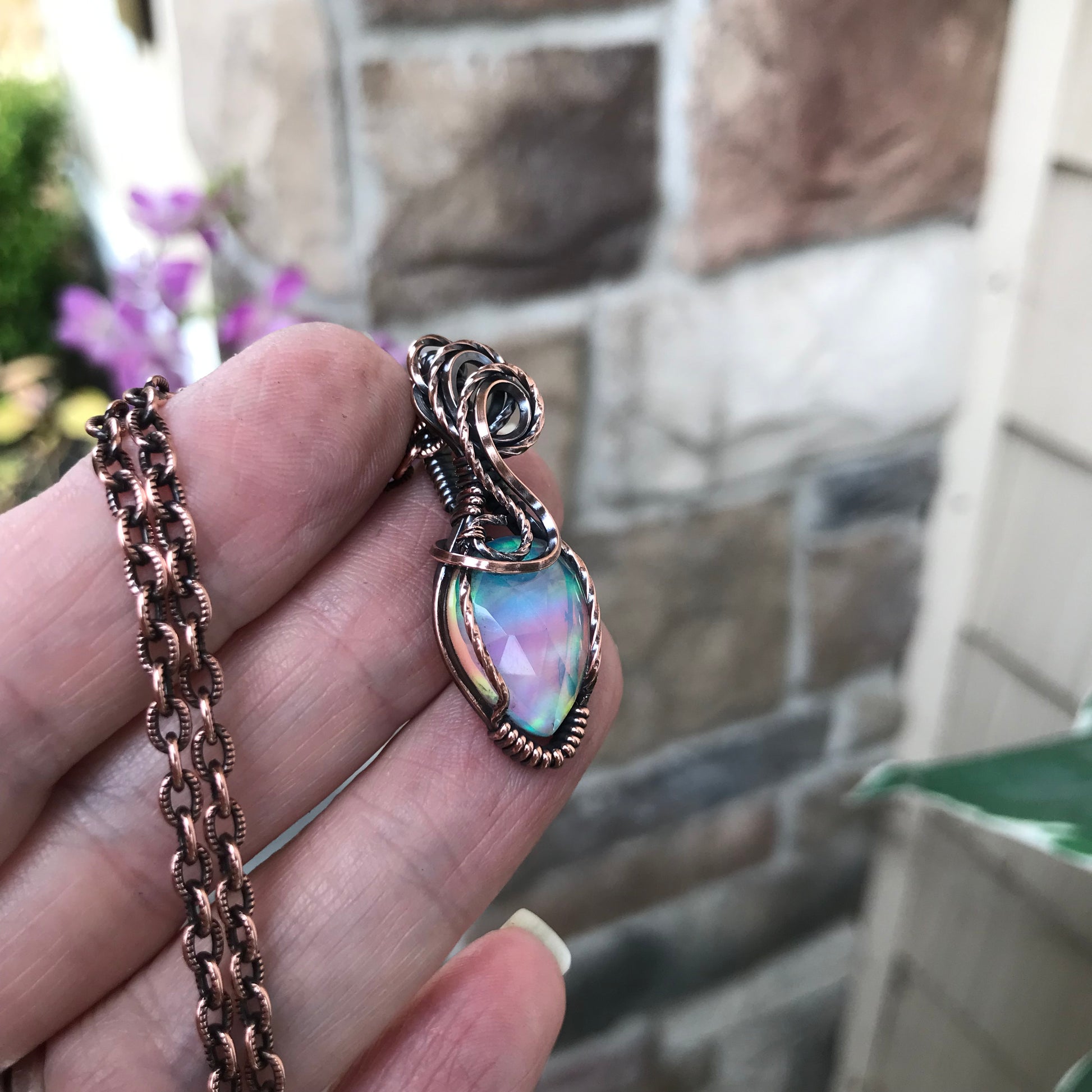 Aurora Opal Small Teardrop Copper Pendant