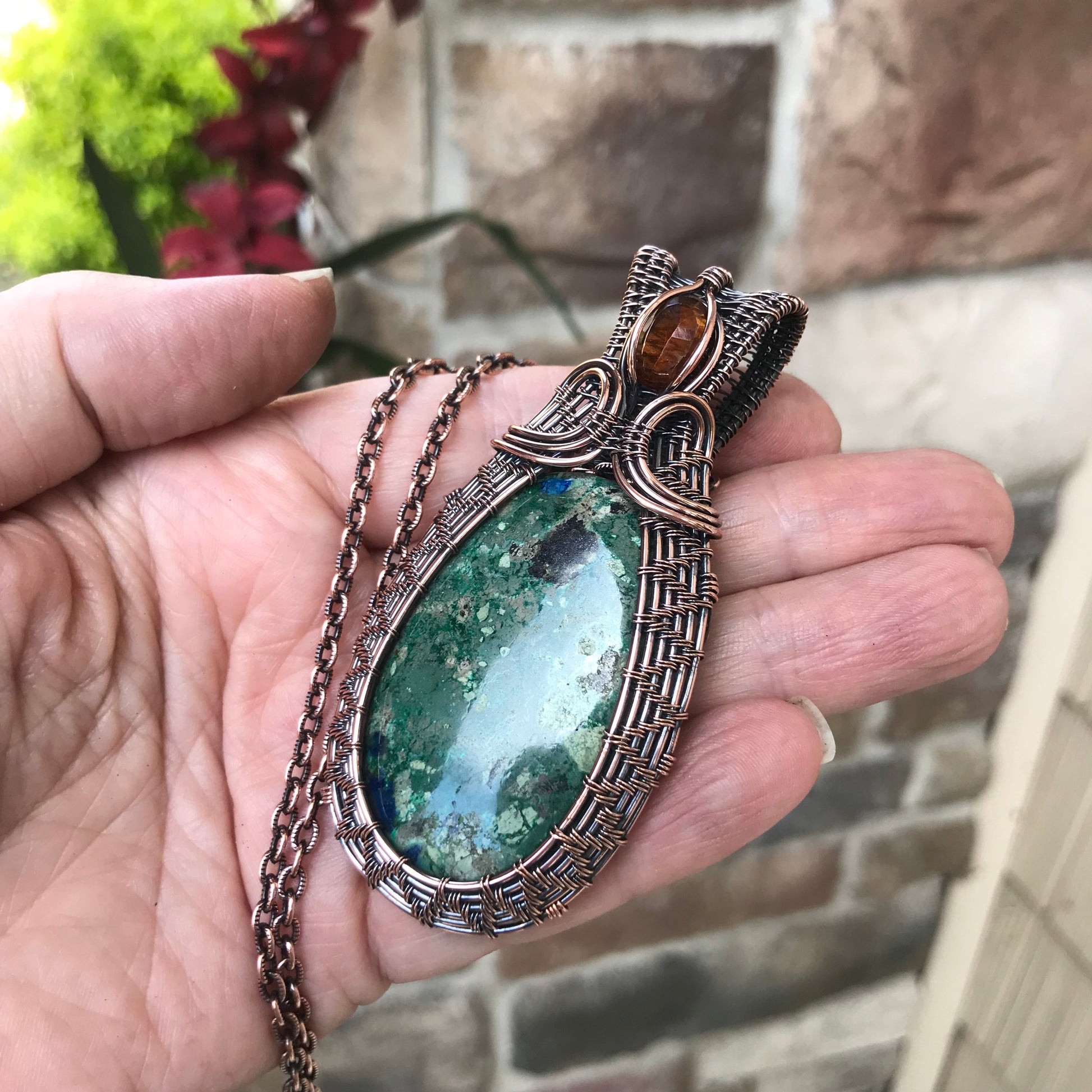Azurite & Hessonite Garnet Woven Copper Pendant